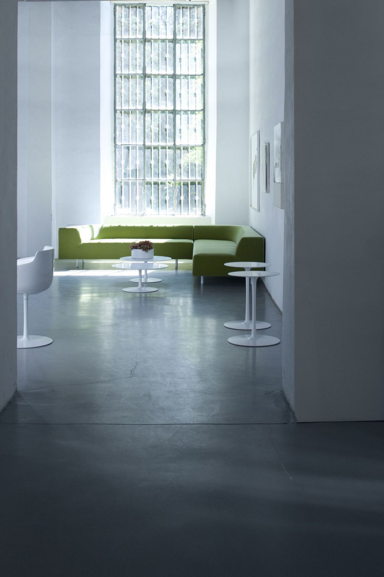 Heller Raum mit grünem Sofa und weißen Flow Low Table Beistelltischen von MDF Italia.