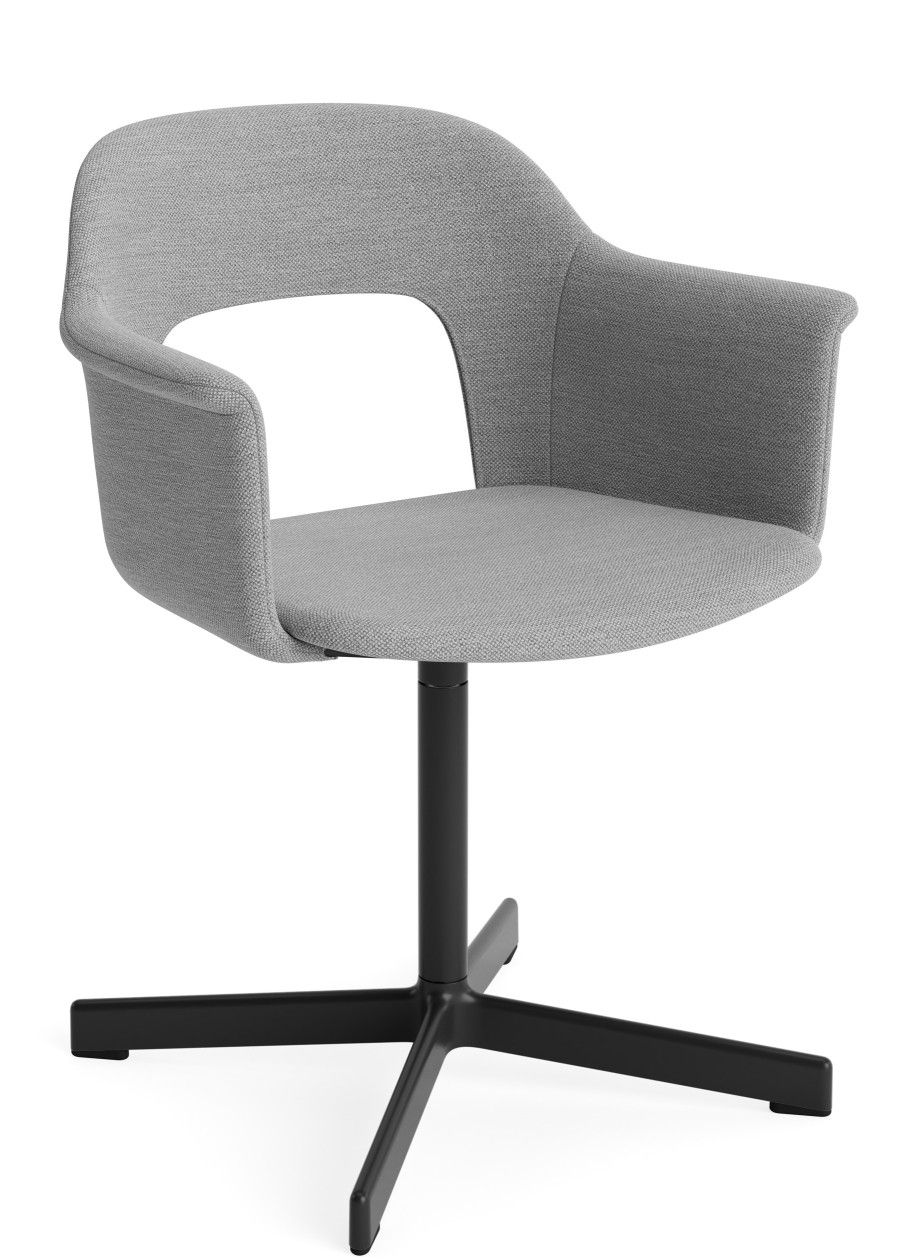 Grauer Hay Layout Armchair 234 Armlehnstuhl mit Stoffbezug und schwarzem Drehfuß für Büro und Wohnzimmer.