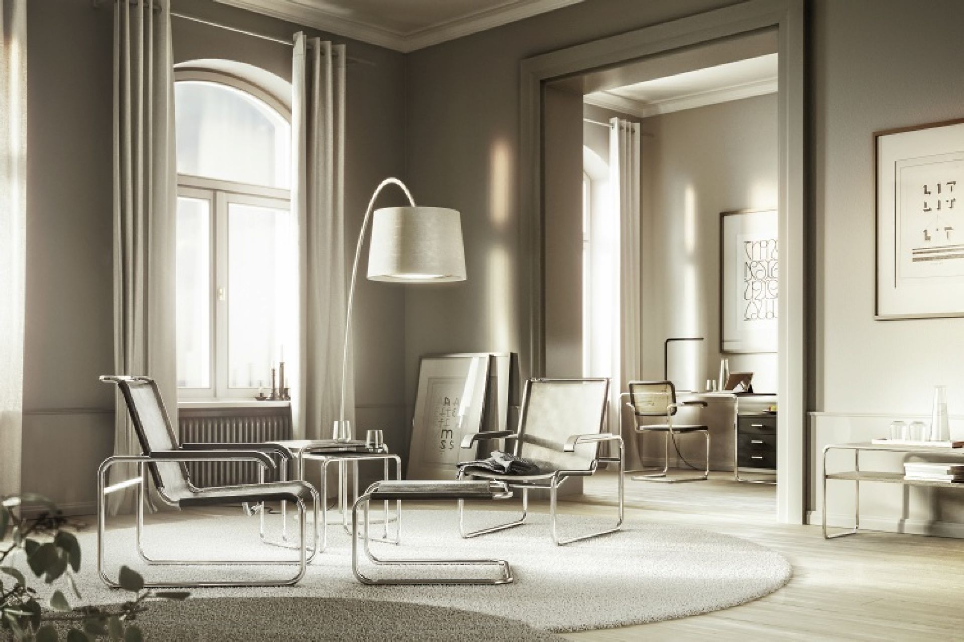 Helles Wohnzimmer mit B 10 Stahlrohr Beistelltisch von Thonet und passenden Stahlrohr Möbeln.