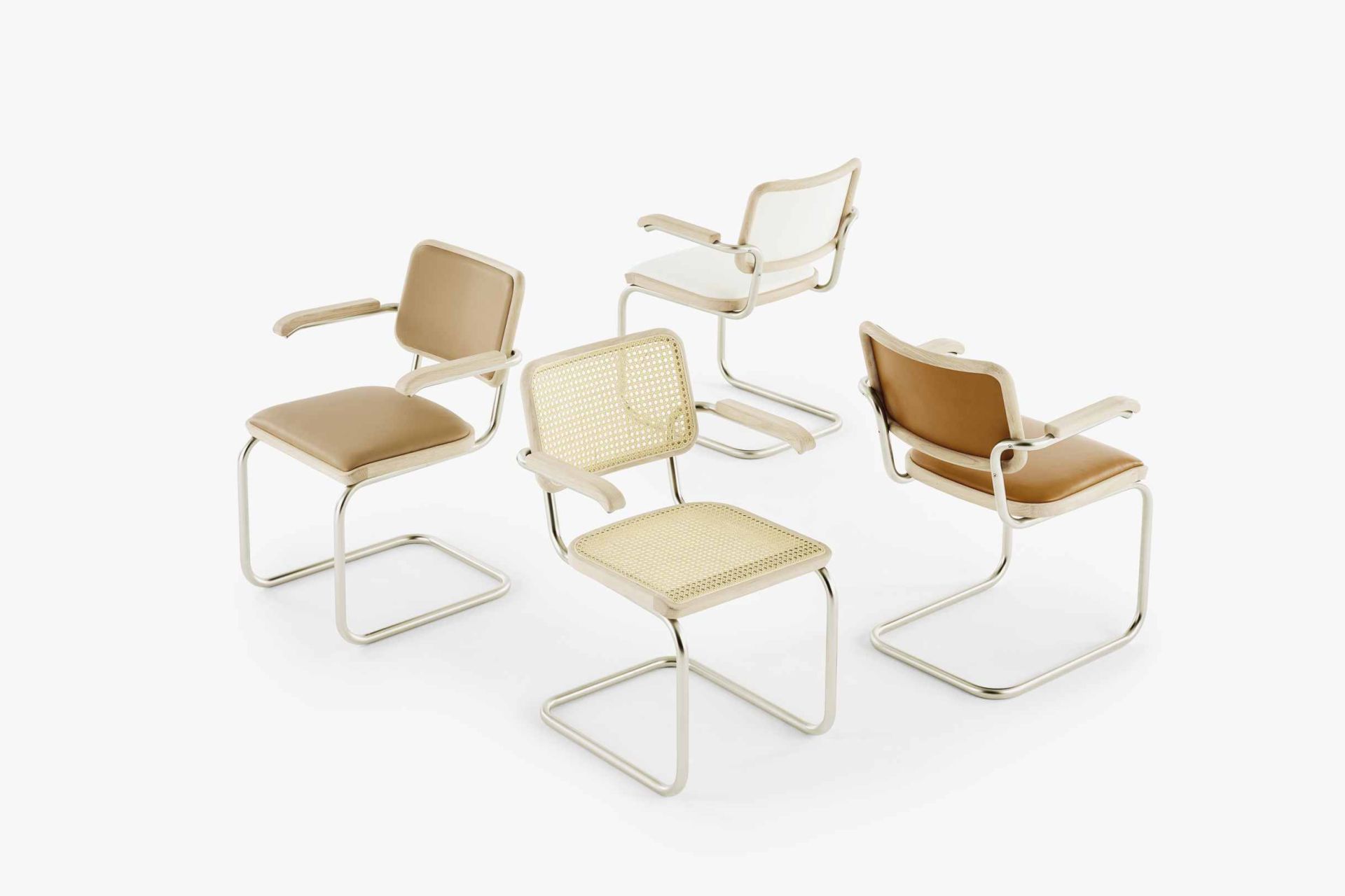 JS. Thonet S 64 V Freischwinger Stühle mit Armlehnen, Leder- und Rattan-Sitzflächen, modernes Design für Esszimmer und Büro.
