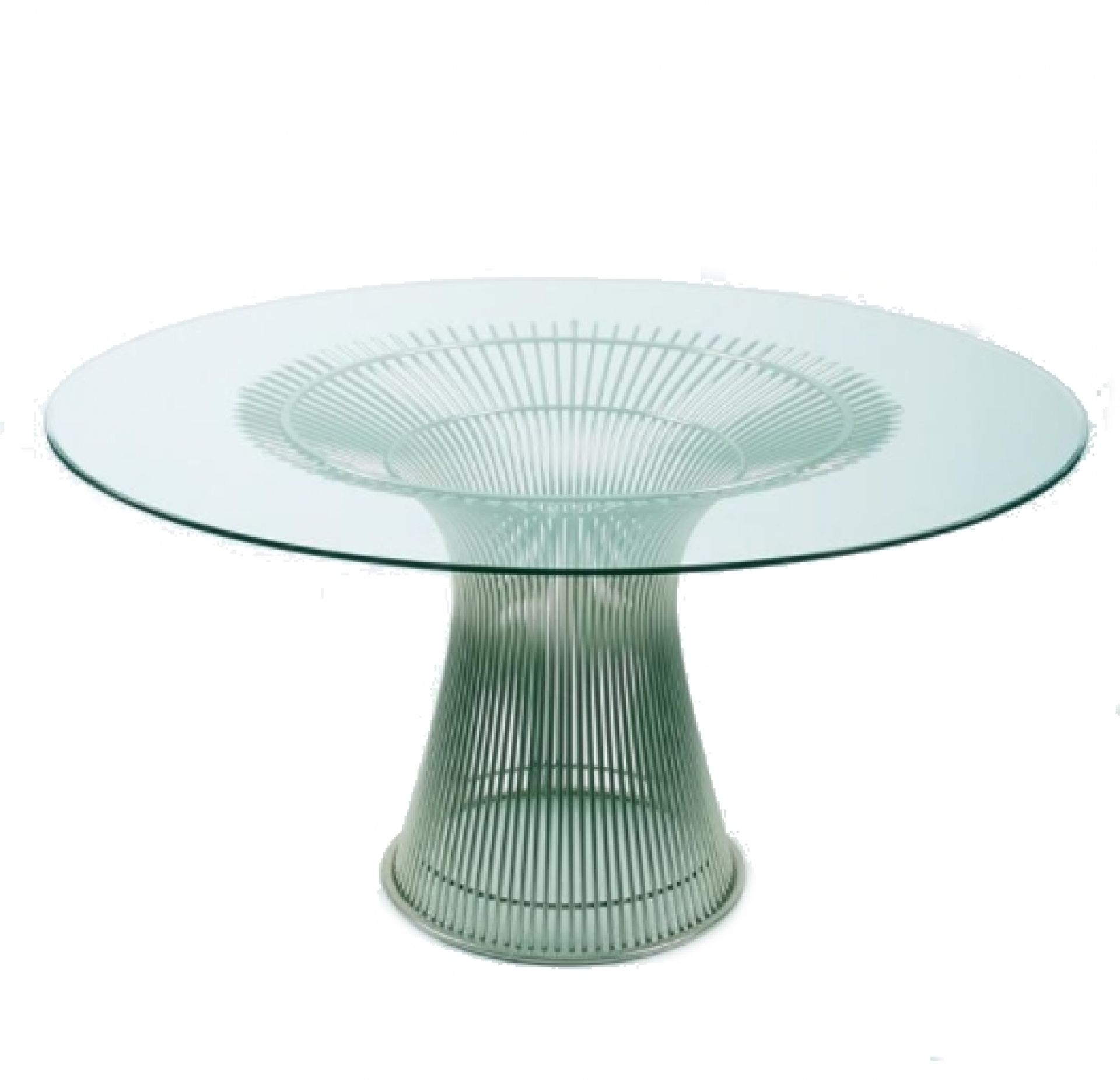 Platner Tisch von Knoll International mit Glasplatte und verchromtem Drahtgestell. Moderner Designertisch.