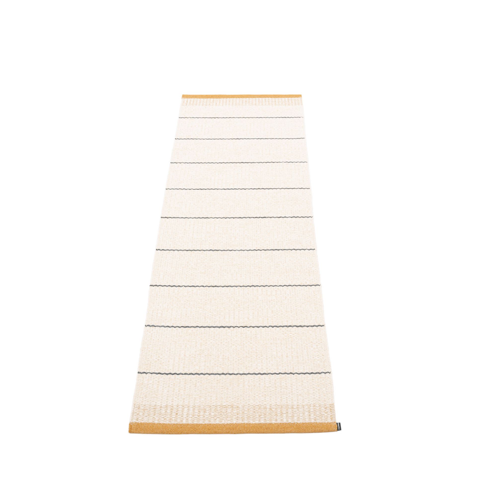 Belle Kunststoffteppich von Pappelina, 60x200 cm, mit Streifenmuster in Beige und Gelb. Robuster Teppich für Innen und Außen.