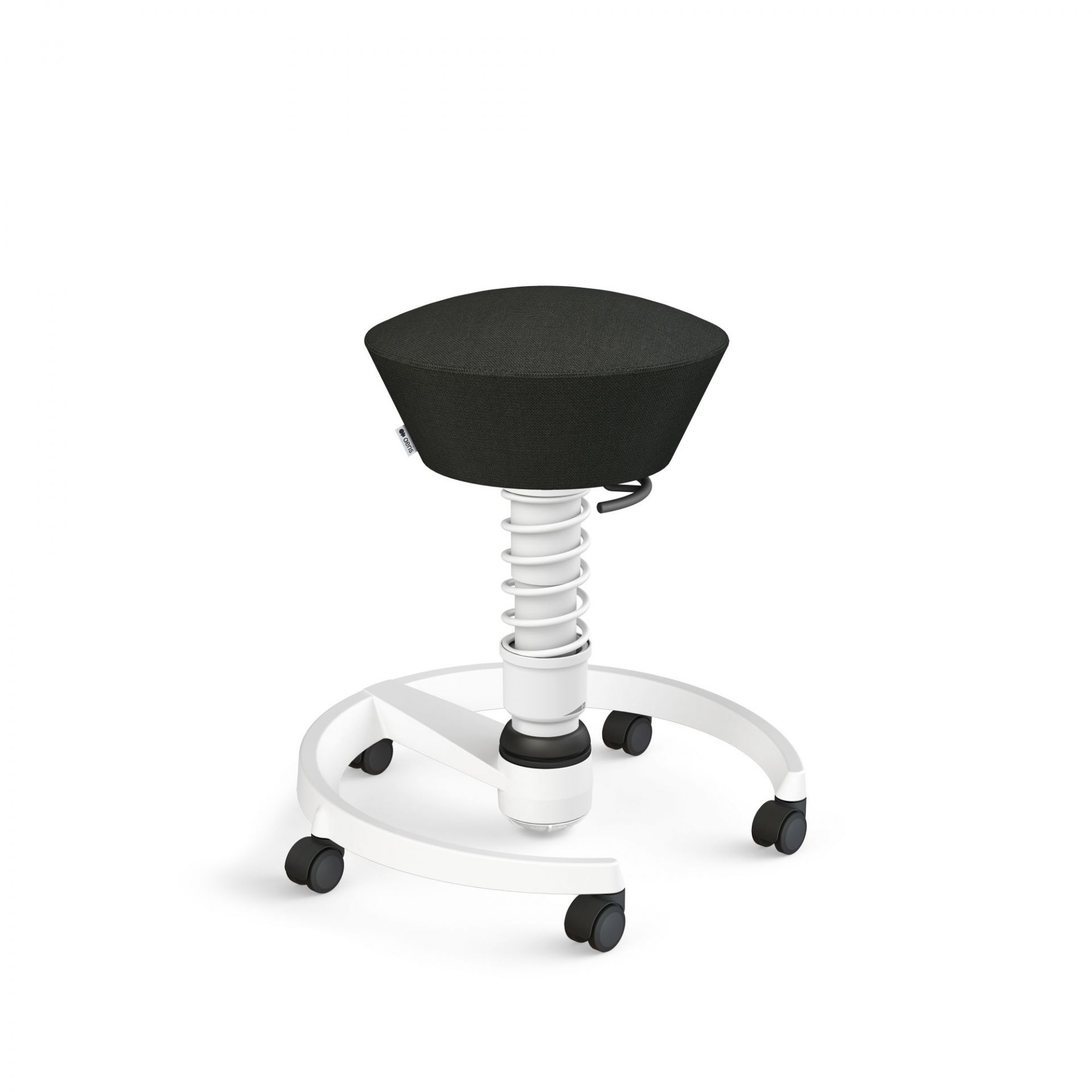 Aeris Swopper Air Aktiv-Hocker in Schwarz mit weißem Fußkreuz und Rollen, ergonomischer Bürostuhl für dynamisches Sitzen.