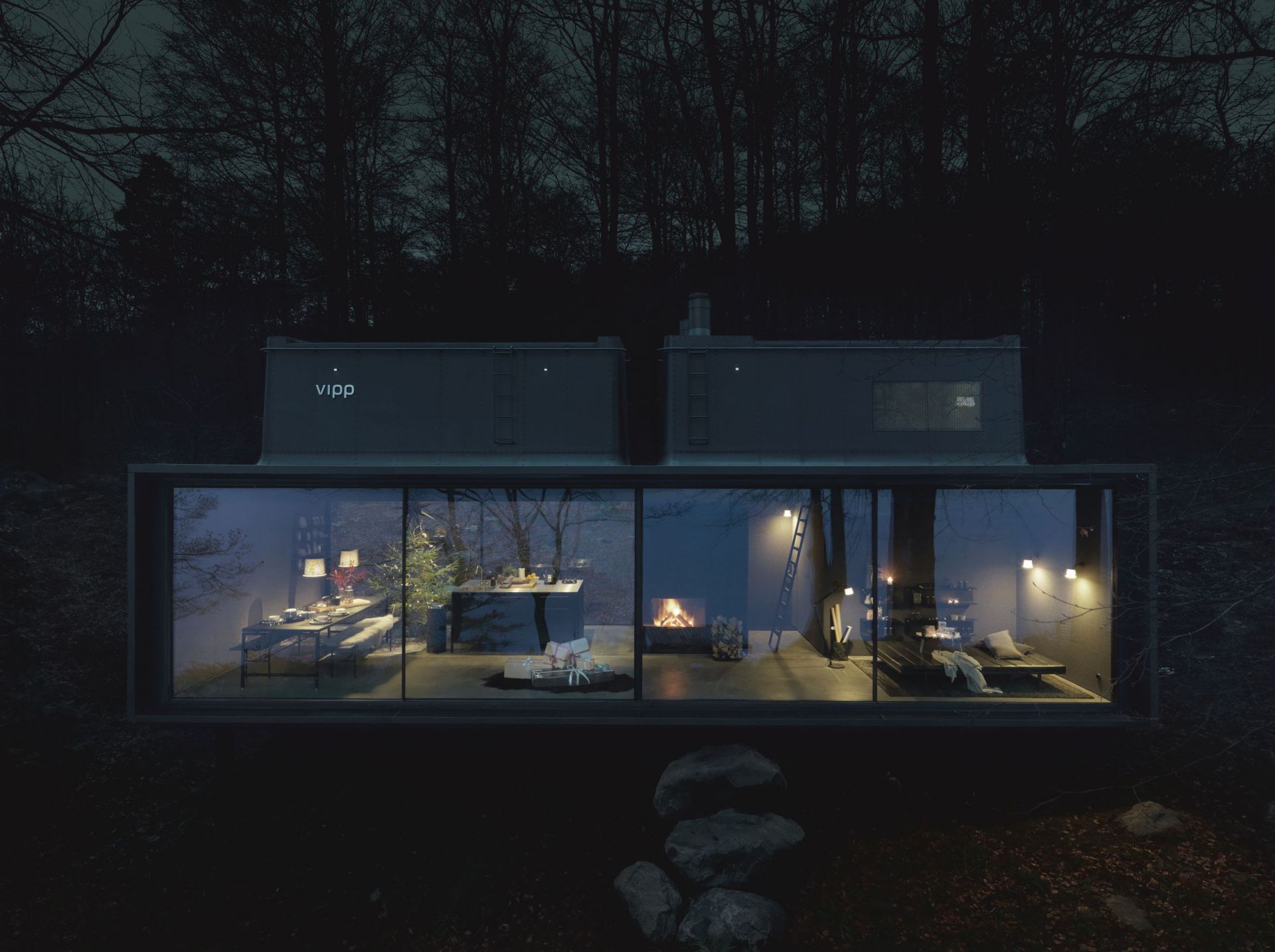 Vipp Shelter mit Vipp Boden Leselampe, minimalistisches Design, stimmungsvolle Beleuchtung für gemütliche Lesestunden im modernen Interieur.