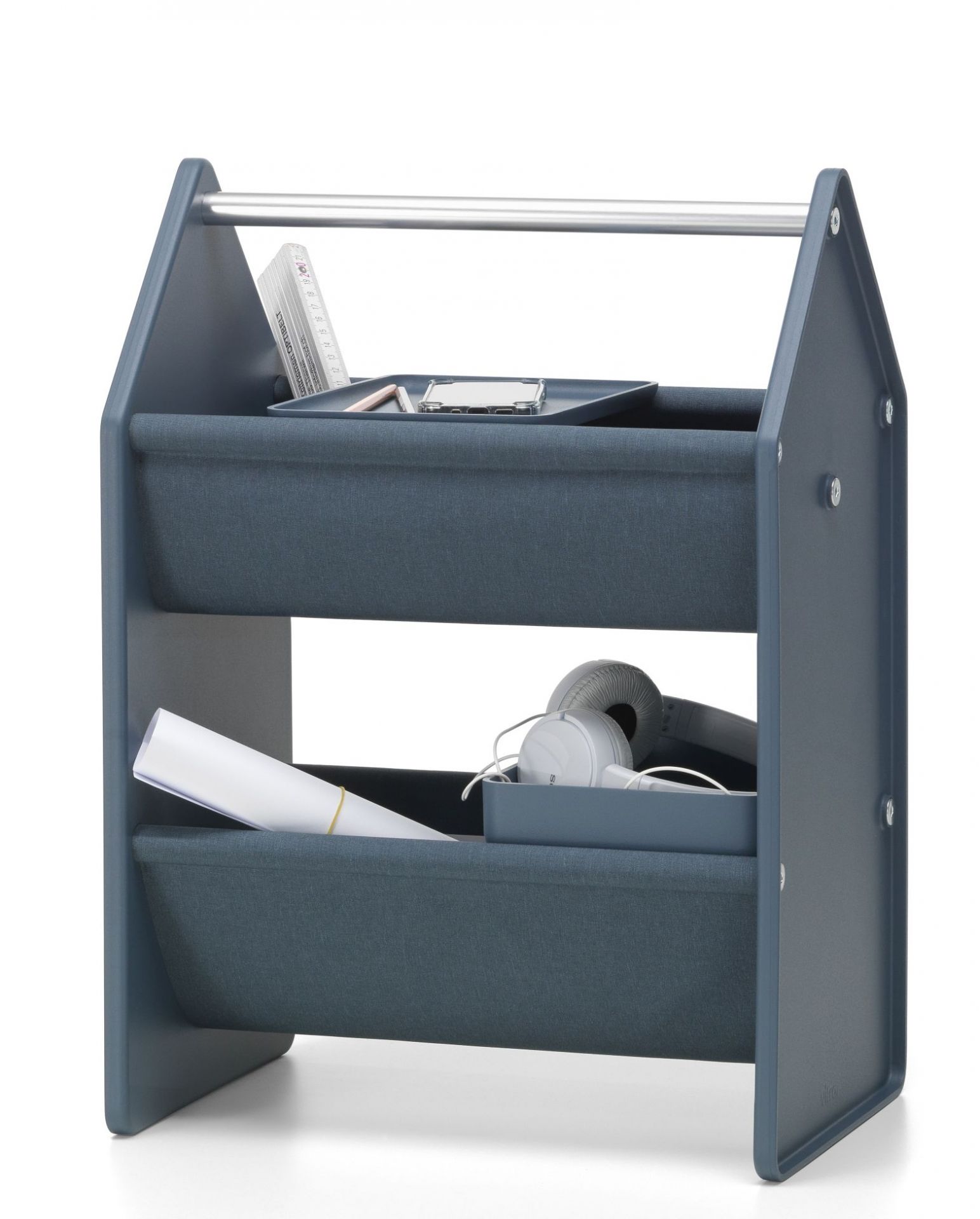 Vitra Drop Box Aufbewahrungsbox in Blau mit zwei Fächern für Büroartikel und Kopfhörer.