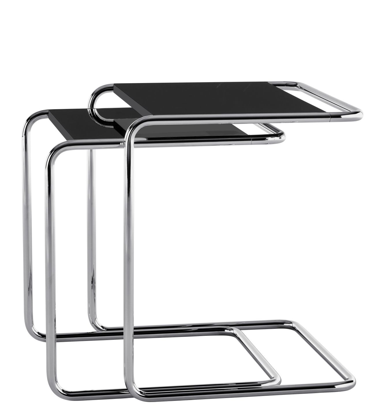 Zwei Thonet B97 Satztische von Jil Sander mit schwarzer Glasplatte und verchromtem Stahlrohrgestell.