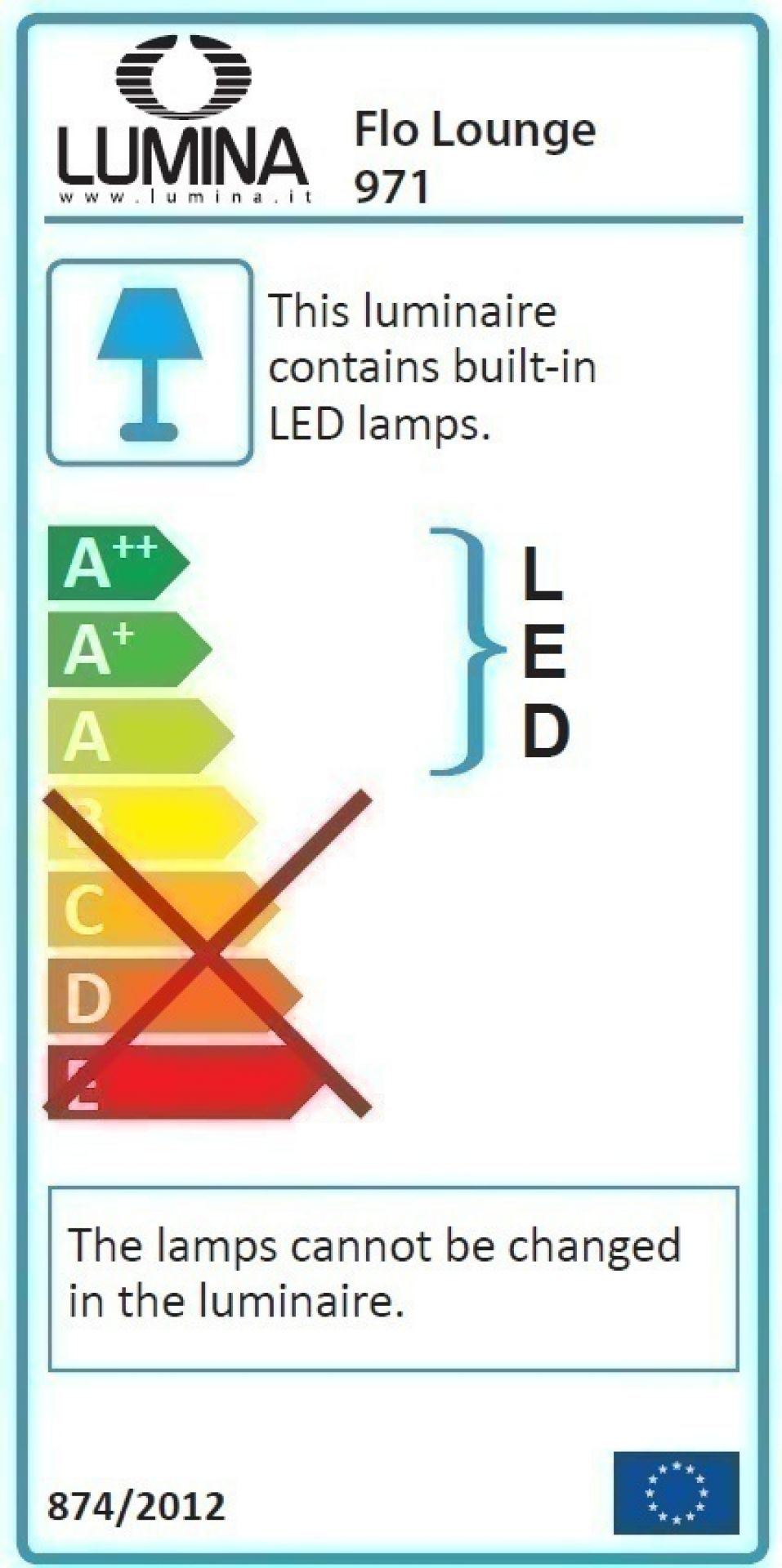 Energielabel der Flo Lounge Stehleuchte Lumina mit integrierten LED-Lampen und Energieeffizienzklasse A.