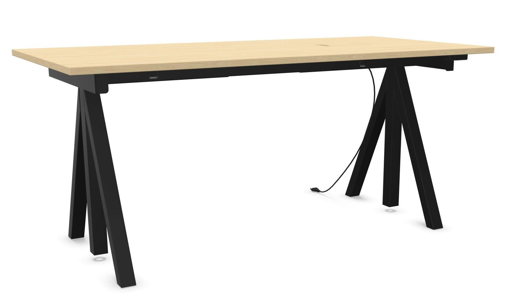 Wordesk Table Schreibtisch von String Furniture mit hellem Holz und schwarzem, modernem A-förmigen Gestell.