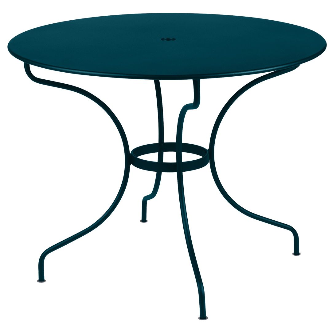 Blauer Opéra+ Tisch von Fermob für den Außenbereich, runder Gartentisch aus Metall.