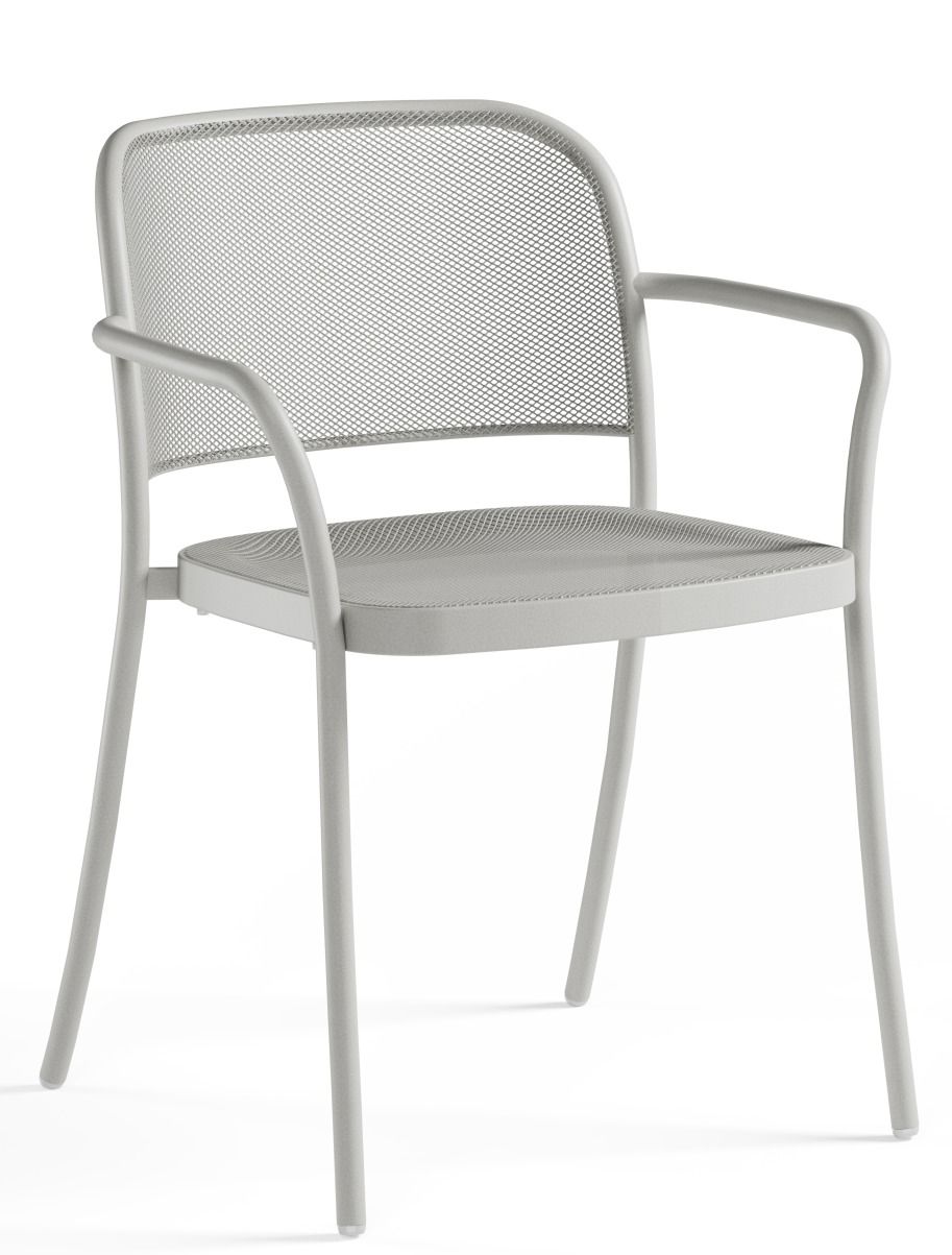 Café Armchair von Emu, ein grauer Outdoor-Stuhl mit Armlehnen und Stahlgitter-Design für Garten und Terrasse.