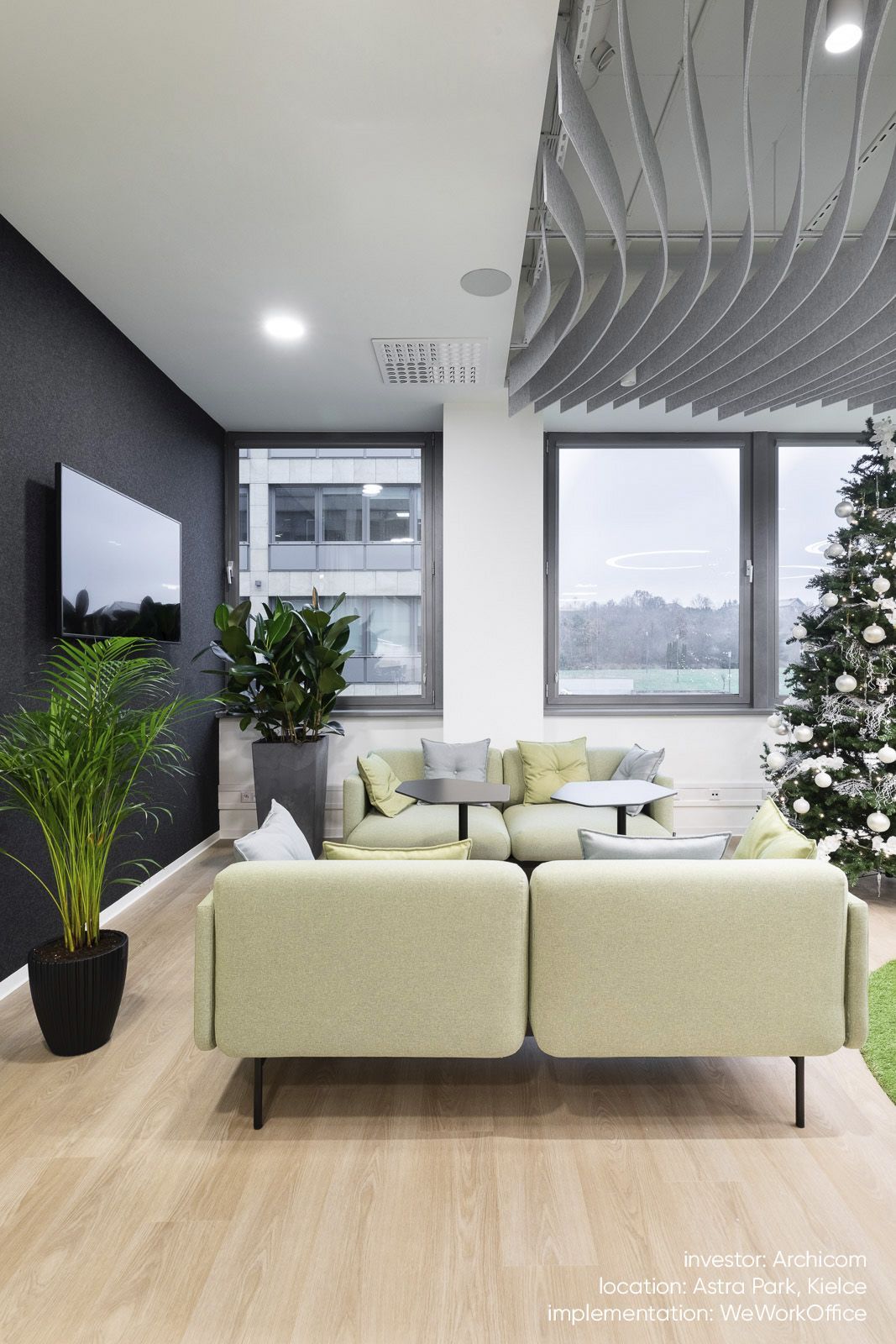 Büro-Lounge mit hellgrünem fora FR 422 Sofa 2-Sitzer von Bejot, Zimmerpflanzen und Weihnachtsbaum.