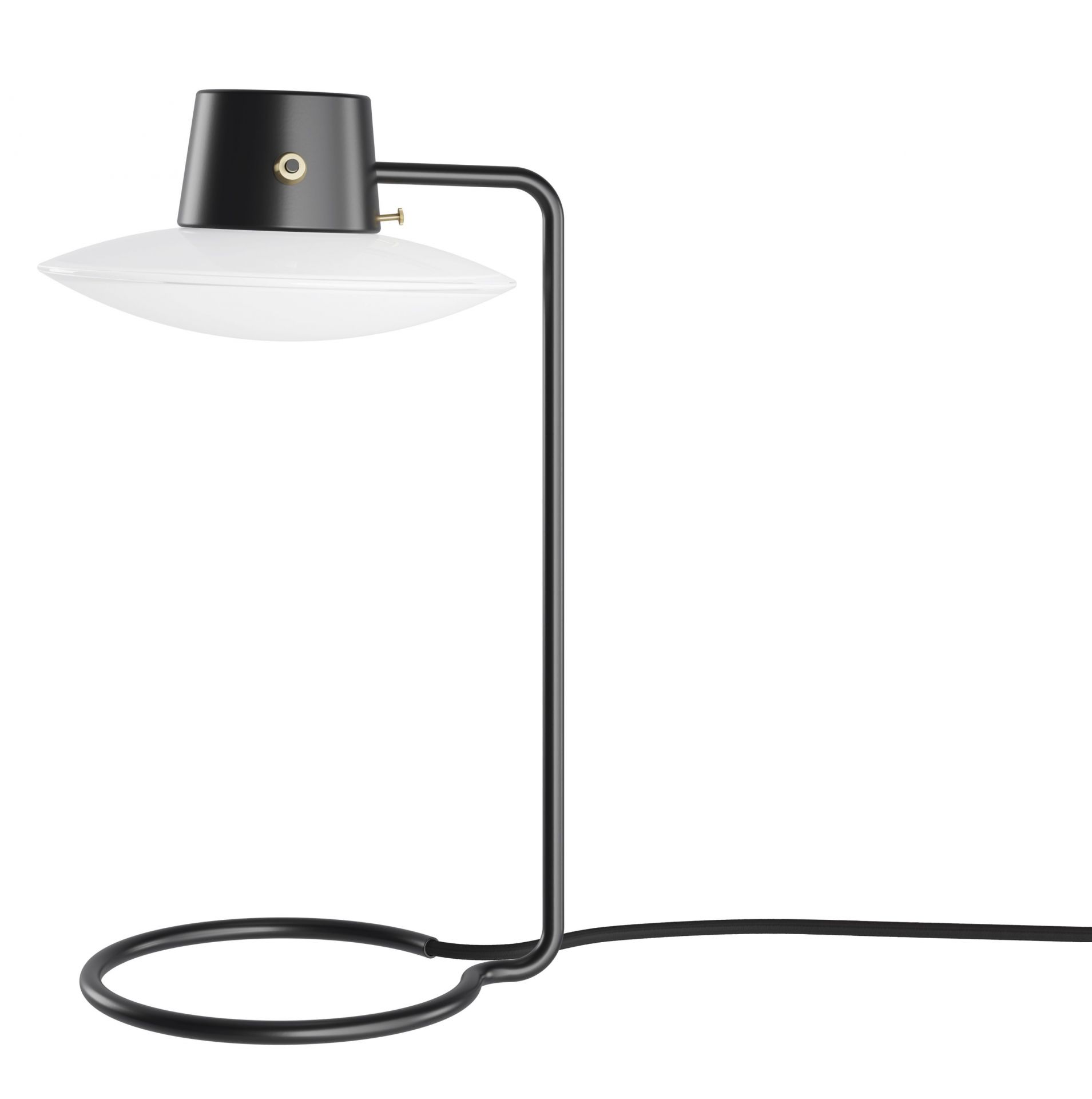 AJ Oxford Tischleuchte von Louis Poulsen, moderne Tischlampe mit schwarzem Gestell und weißem Schirm.