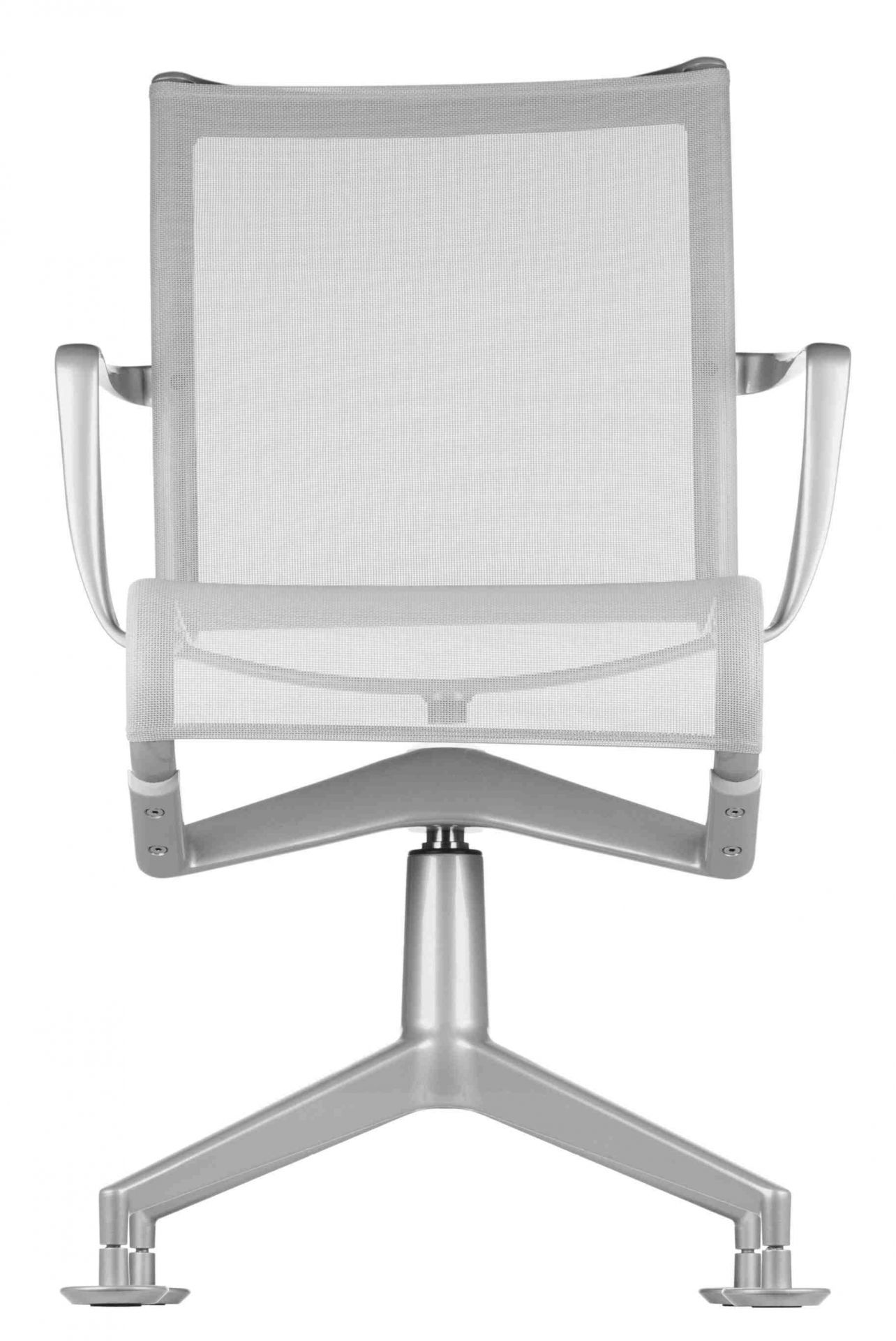 Meetingframe Drehstuhl mit Netzrückenlehne und Armlehnen in Silber, Ansicht von hinten für ergonomisches Sitzen.