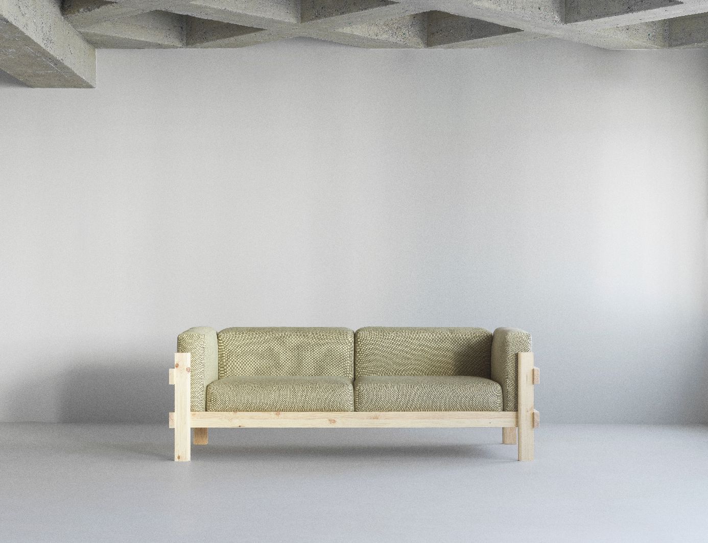 Kube Sofa von Normann Copenhagen, hellgrünes Stoffsofa mit hellem Holzrahmen im minimalistischen Raum.