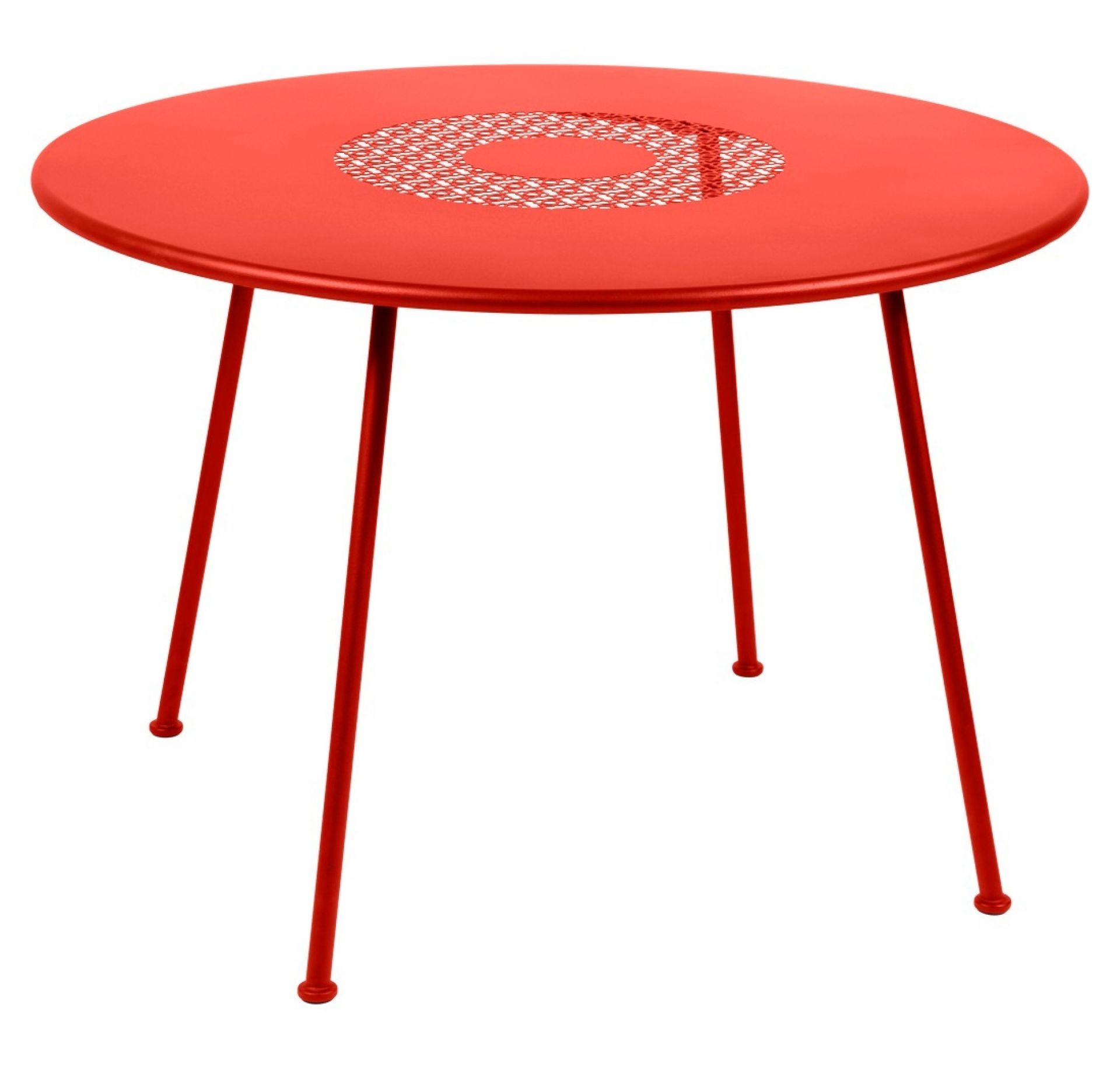 Roter Lorette Gartentisch von Fermob: Runder Outdoor Tisch mit filigranem Lochmuster in der Tischmitte.