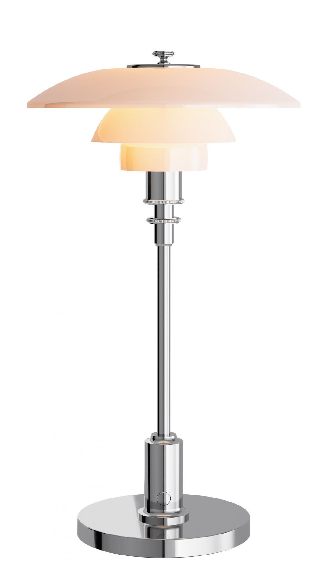 PH 2/1 Tischleuchte von Louis Poulsen: Akkuleuchte mit Opalglas-Schirm und Chromgestell für stimmungsvolles Licht.