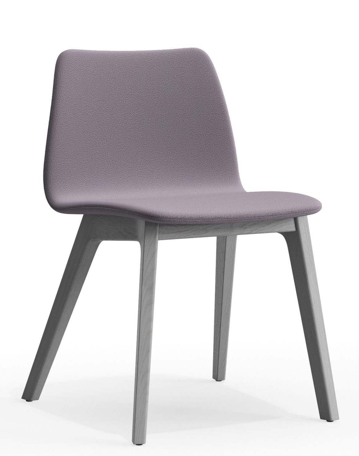 Morph Plus Stuhl, vollgepolstert in Lila, mit hellgrauem Holzgestell, modernes Design für Esszimmer und Büro.