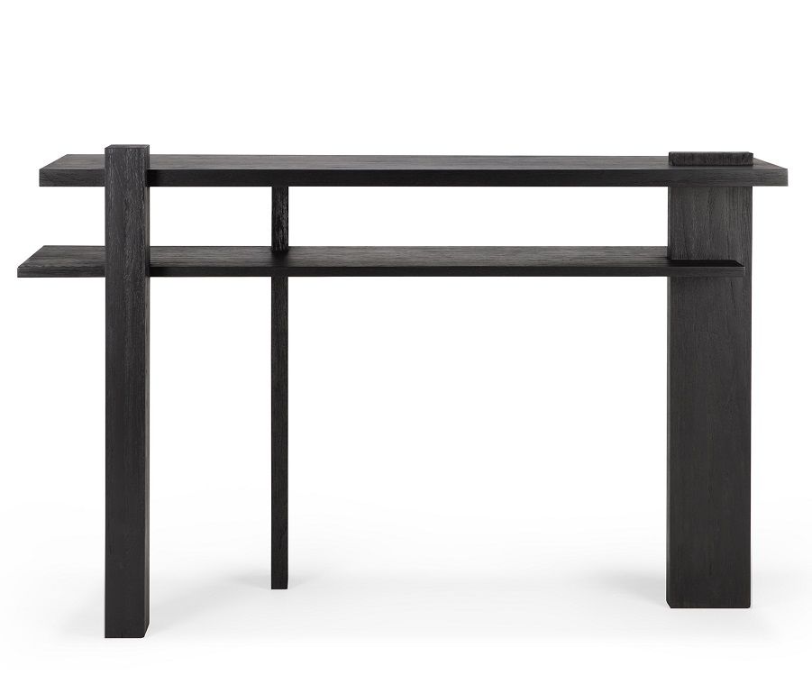 Schwarze Ethnicraft Konsole aus Eiche mit zwei Ablageflächen im minimalistischen Design.