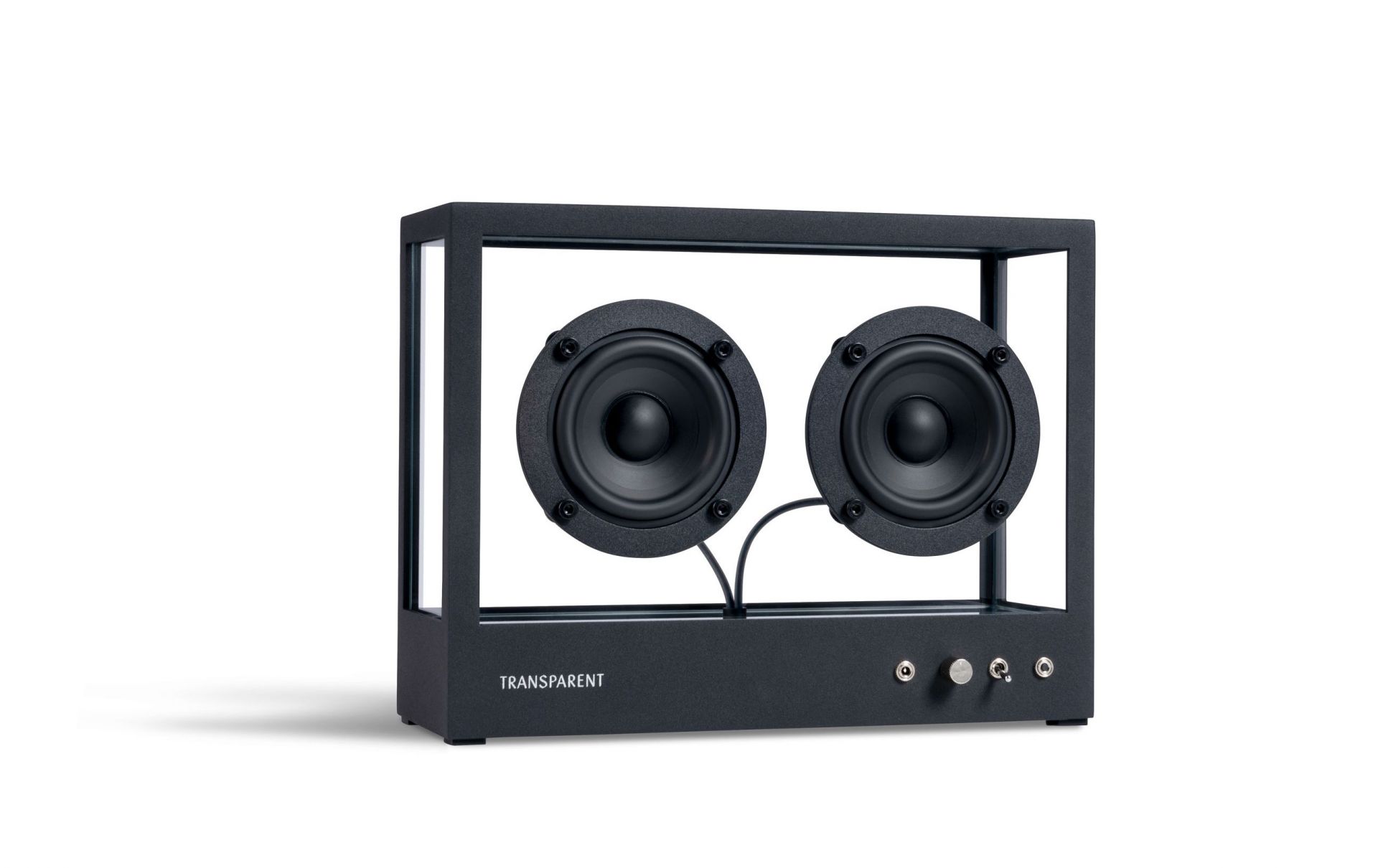 Nahaufnahme des Transparent Lautsprechers: Kleiner, transparenter Bluetooth-Lautsprecher mit minimalistischem Design und zwei Lautsprechern.