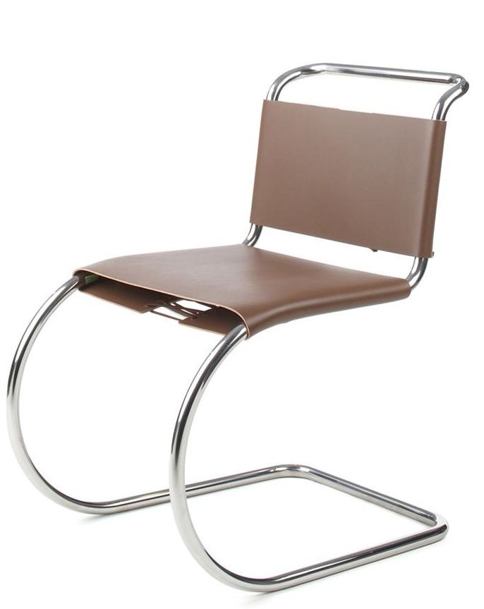 MR Freischwinger Stuhl von Knoll International, braunes Leder, Stahlrohrgestell, moderner Designklassiker ohne Armlehne.