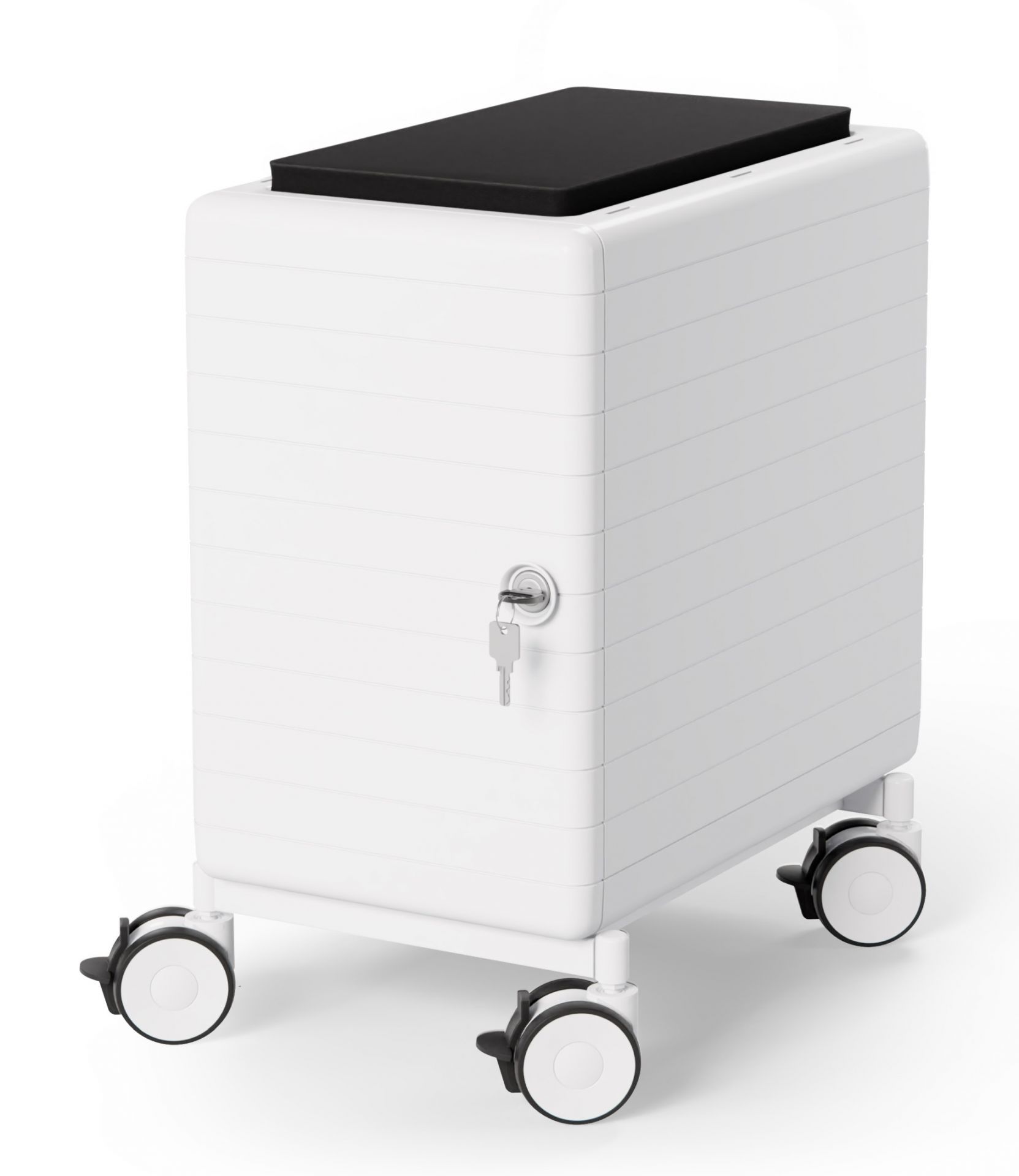 Personalbox Container von König und Neurath, weiß, abschließbar, mit Rollen und schwarzer Ablagefläche.