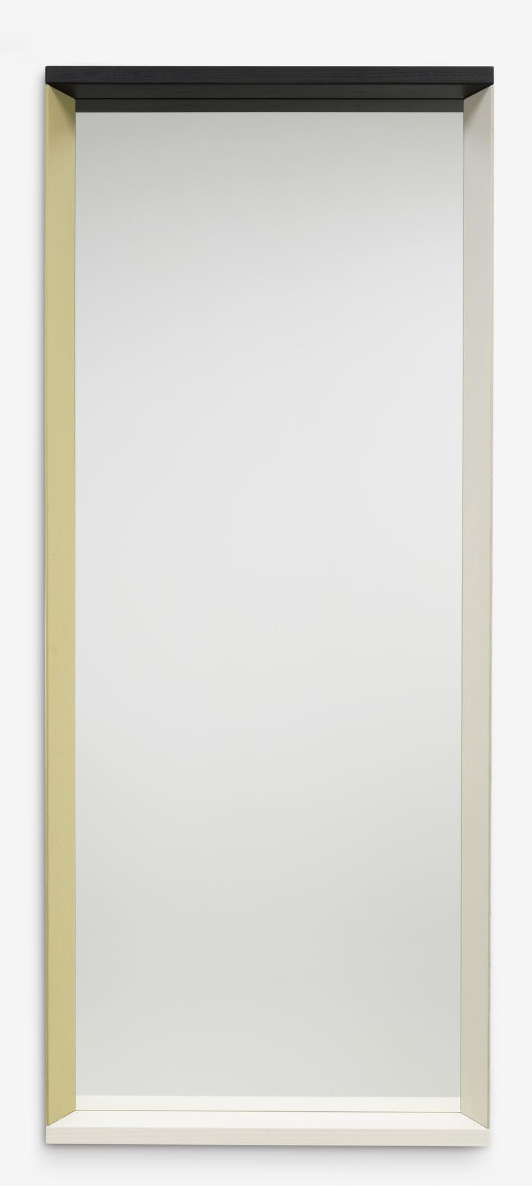 Vitra Colour Frame Spiegel: Rechteckiger Wandspiegel mit farbigem Rahmen in Gelb, Weiß und Schwarz.
