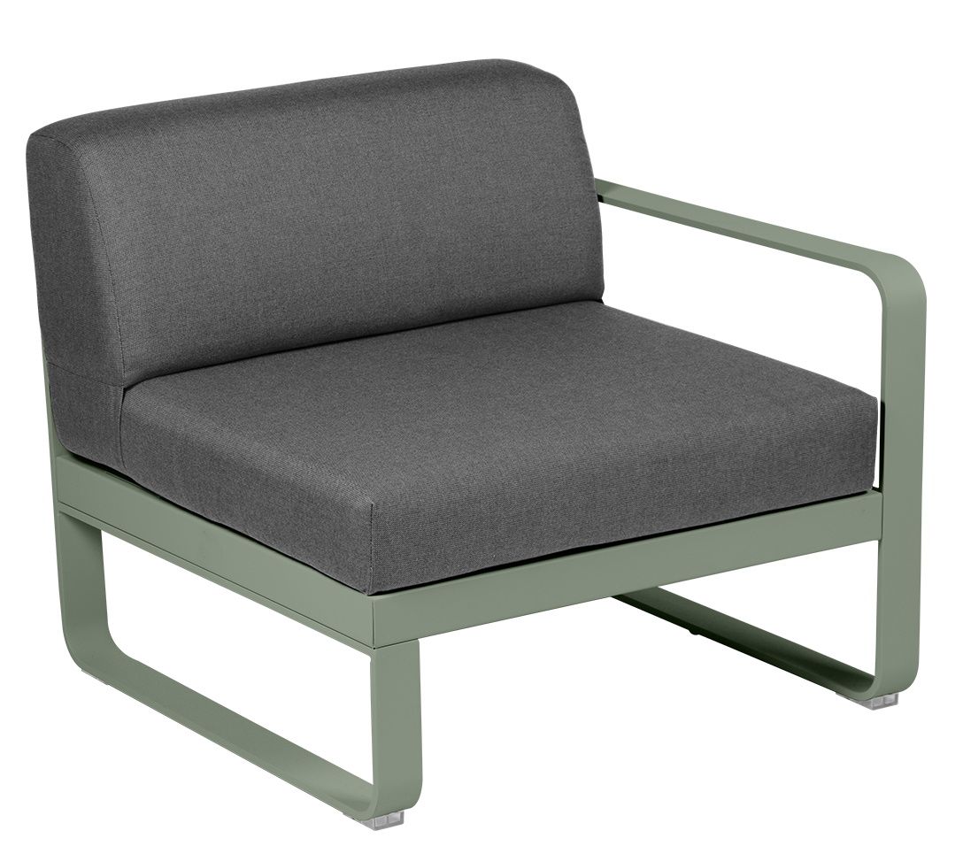 Bellevie Outdoor Sofa: Einzelmodul rechts mit grauem Kissen und grünem Aluminiumrahmen.