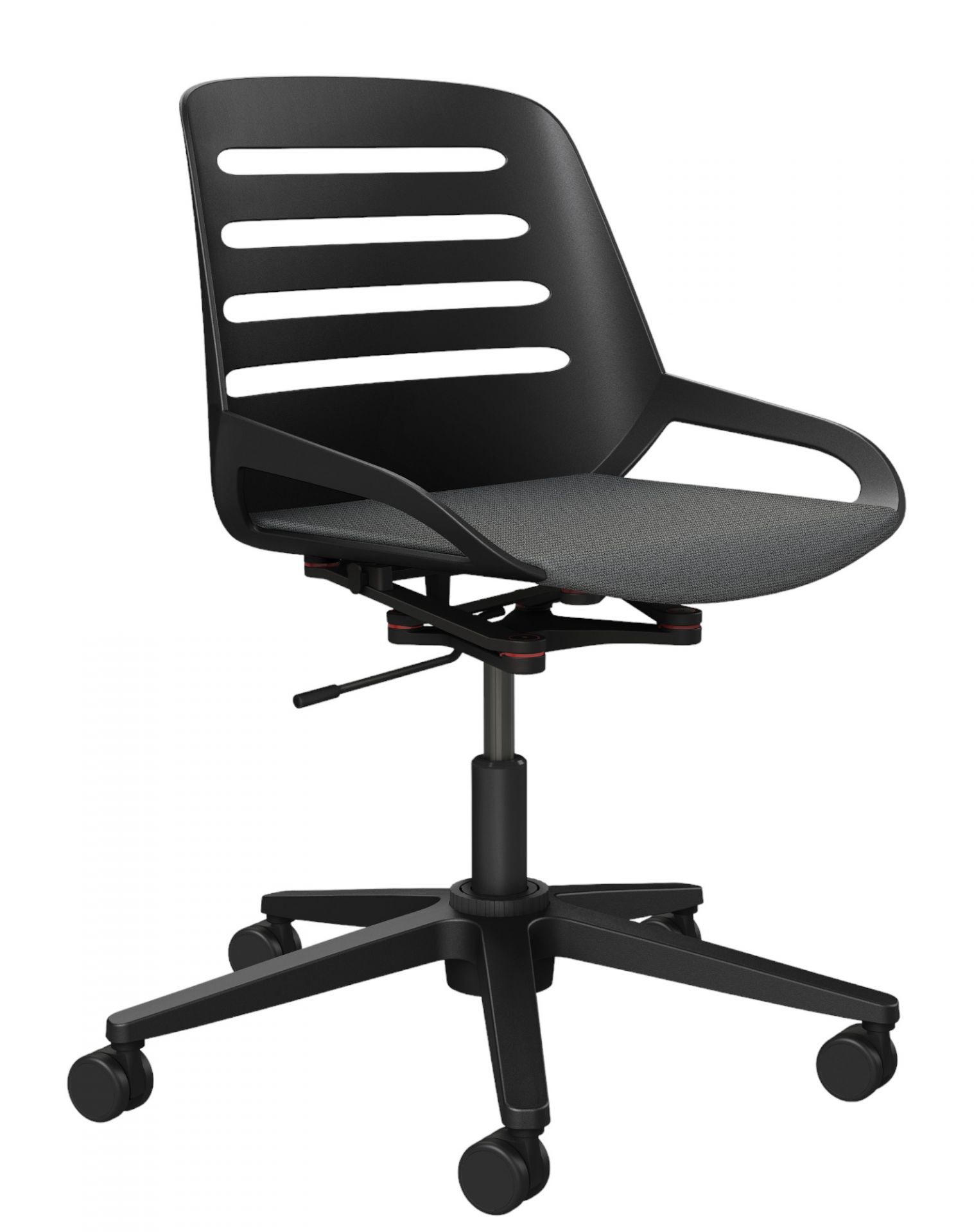 Schwarzer Numo Task Bürodrehstuhl von Aeris mit Rollen und atmungsaktiver Rückenlehne für ergonomisches Sitzen.