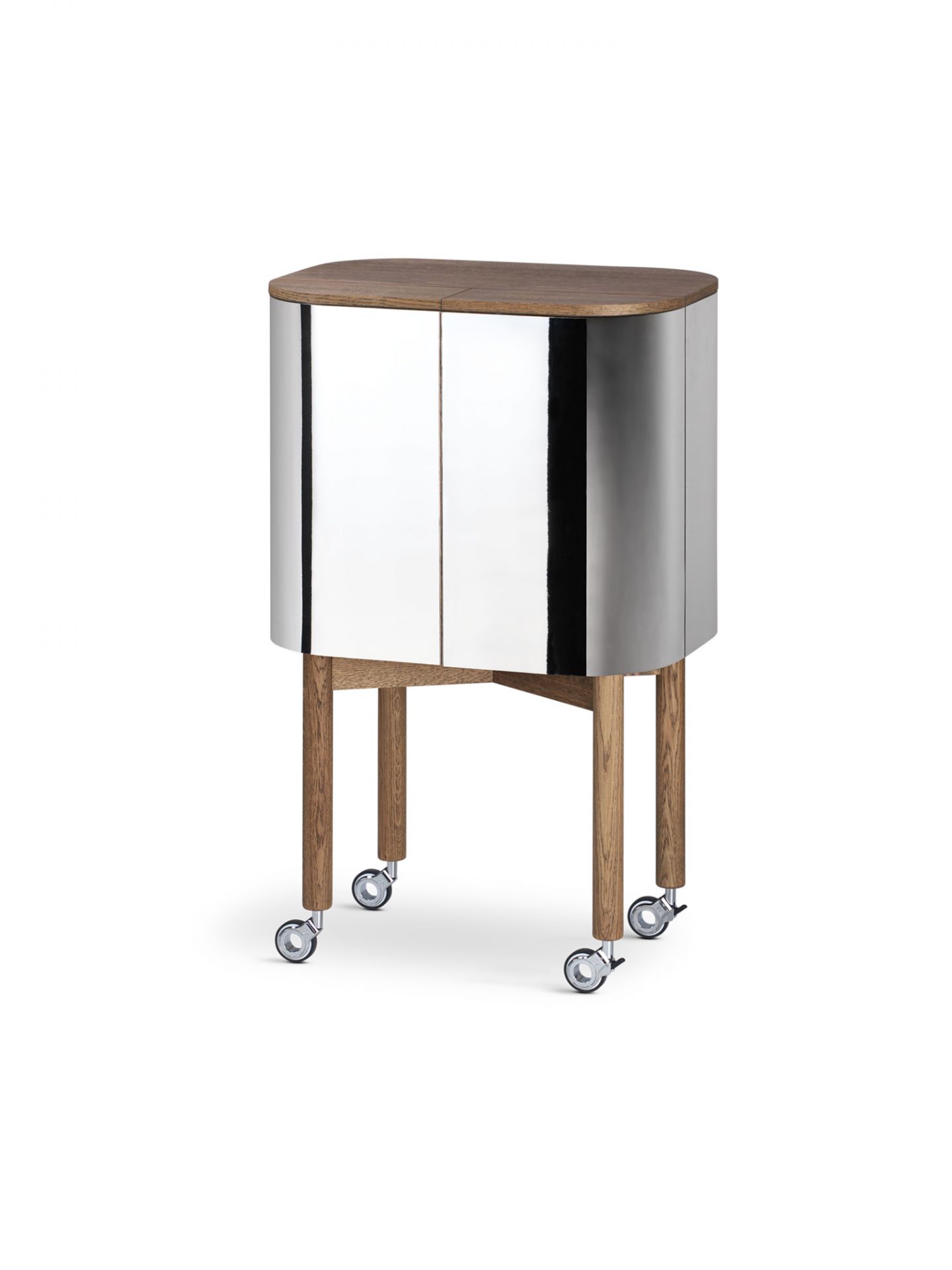 Loud Bar Barschrank von Northern mit silbernen Türen, Holzplatte und Rollen.