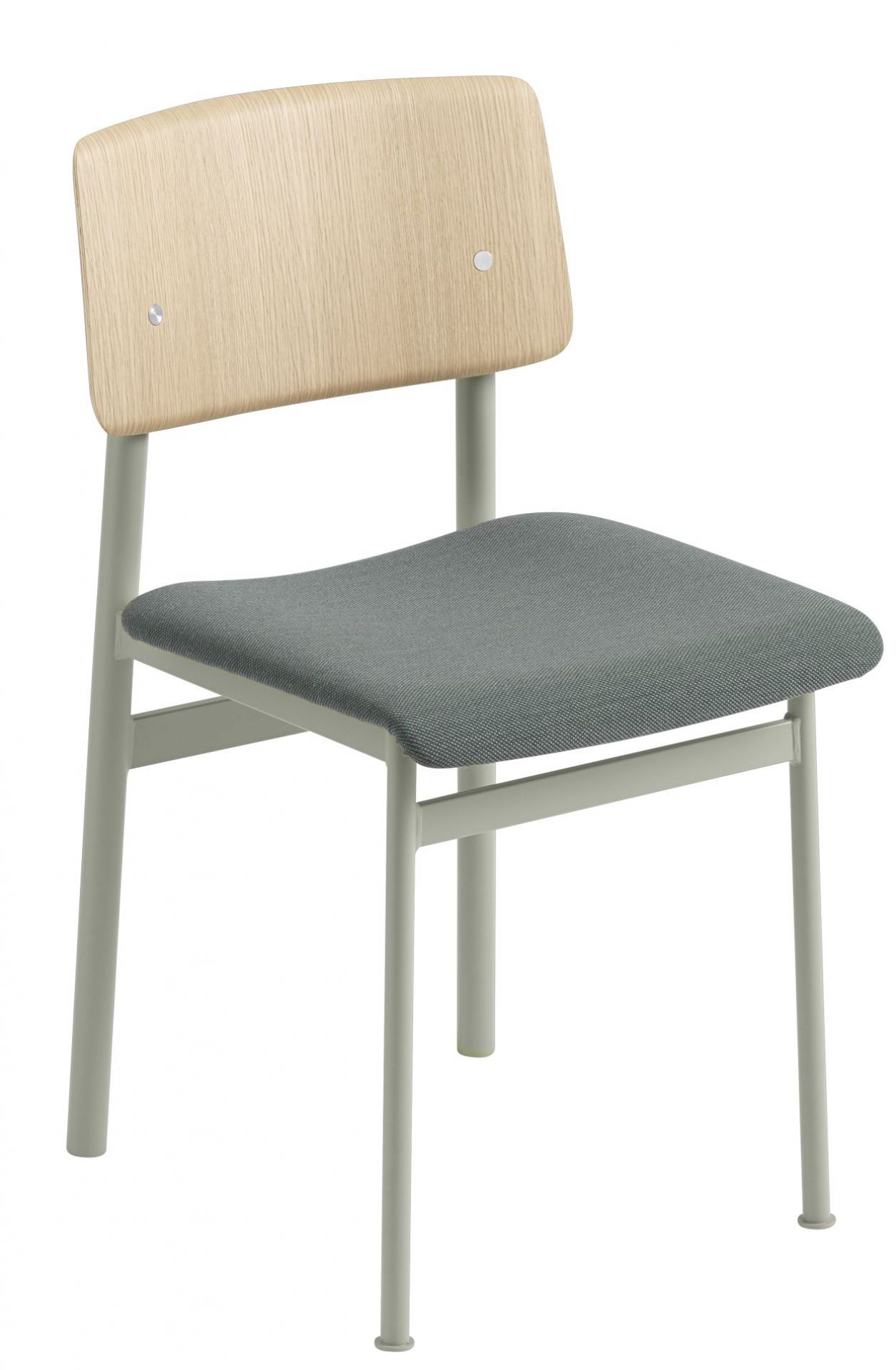 Loft Chair Stuhl von Muuto mit grauem Sitzpolster und heller Holzlehne, modernes Möbeldesign.