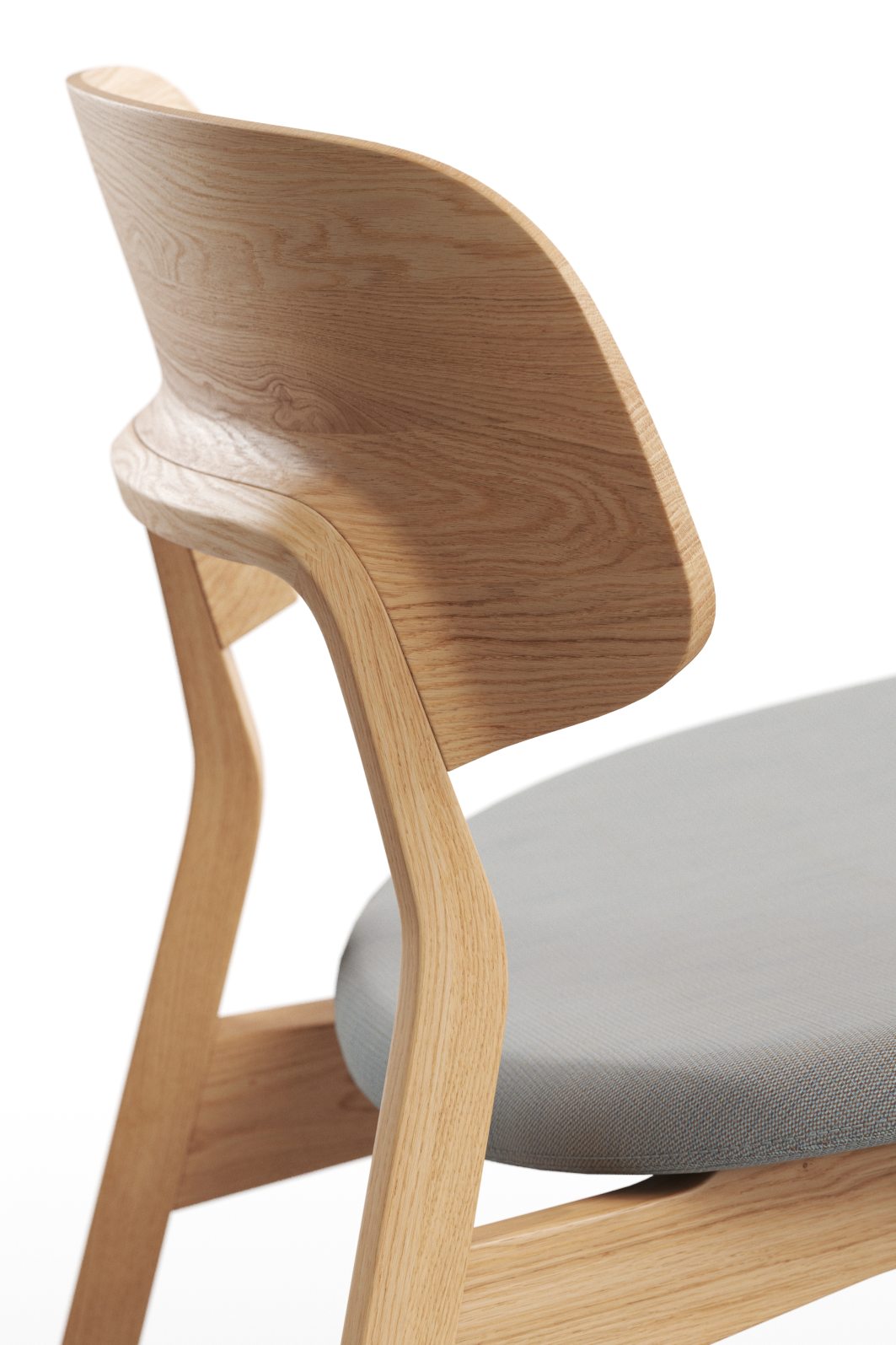 Detailaufnahme: Nonoto Lounge Chair Cocktailsessel mit hellem Holzrahmen und grauem Sitzpolster, modernes Möbeldesign.