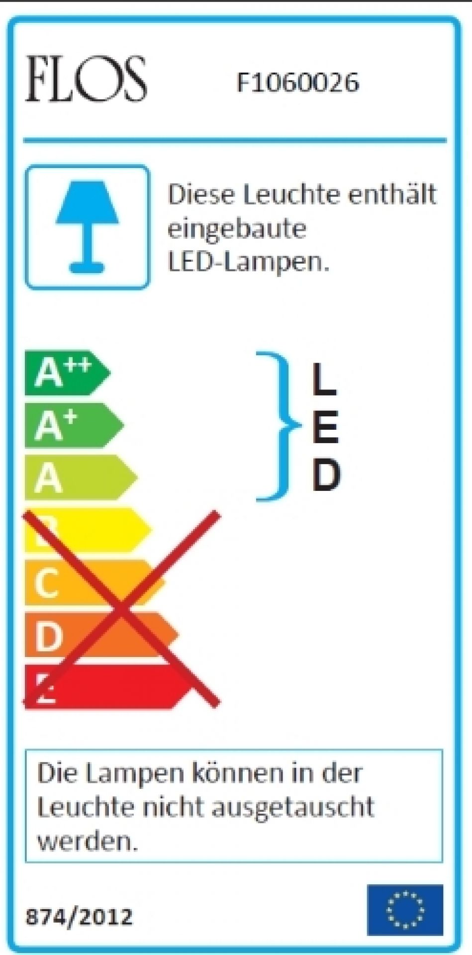 Energieeffizienzlabel der Flos Bellhop Battery Tischleuchte: LED-Lampe nicht austauschbar.