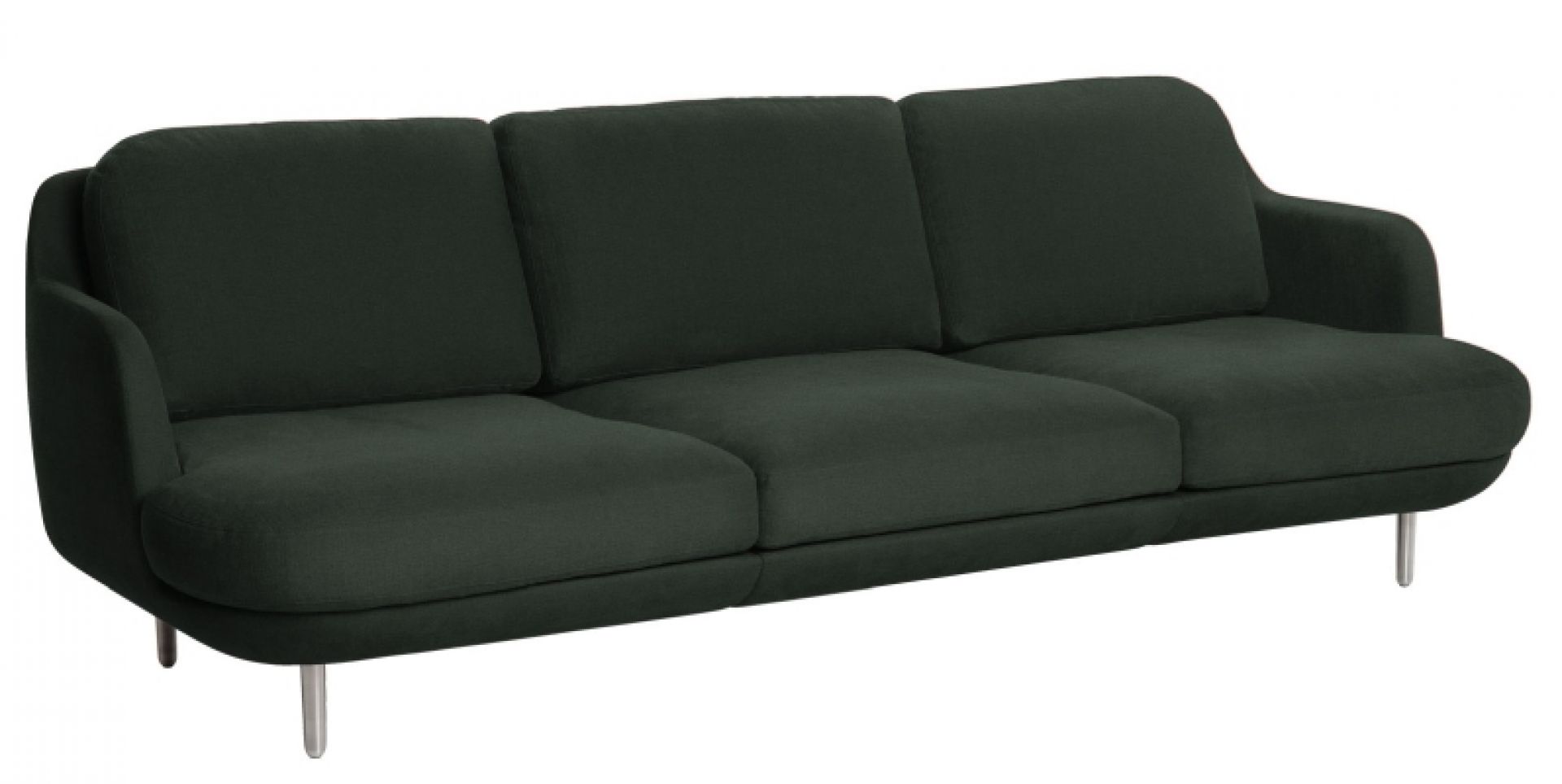 Dunkelgrünes Lune Sofa von Fritz Hansen, modernes 3-Sitzer-Design mit weichen Polstern und filigranen Metallfüßen.
