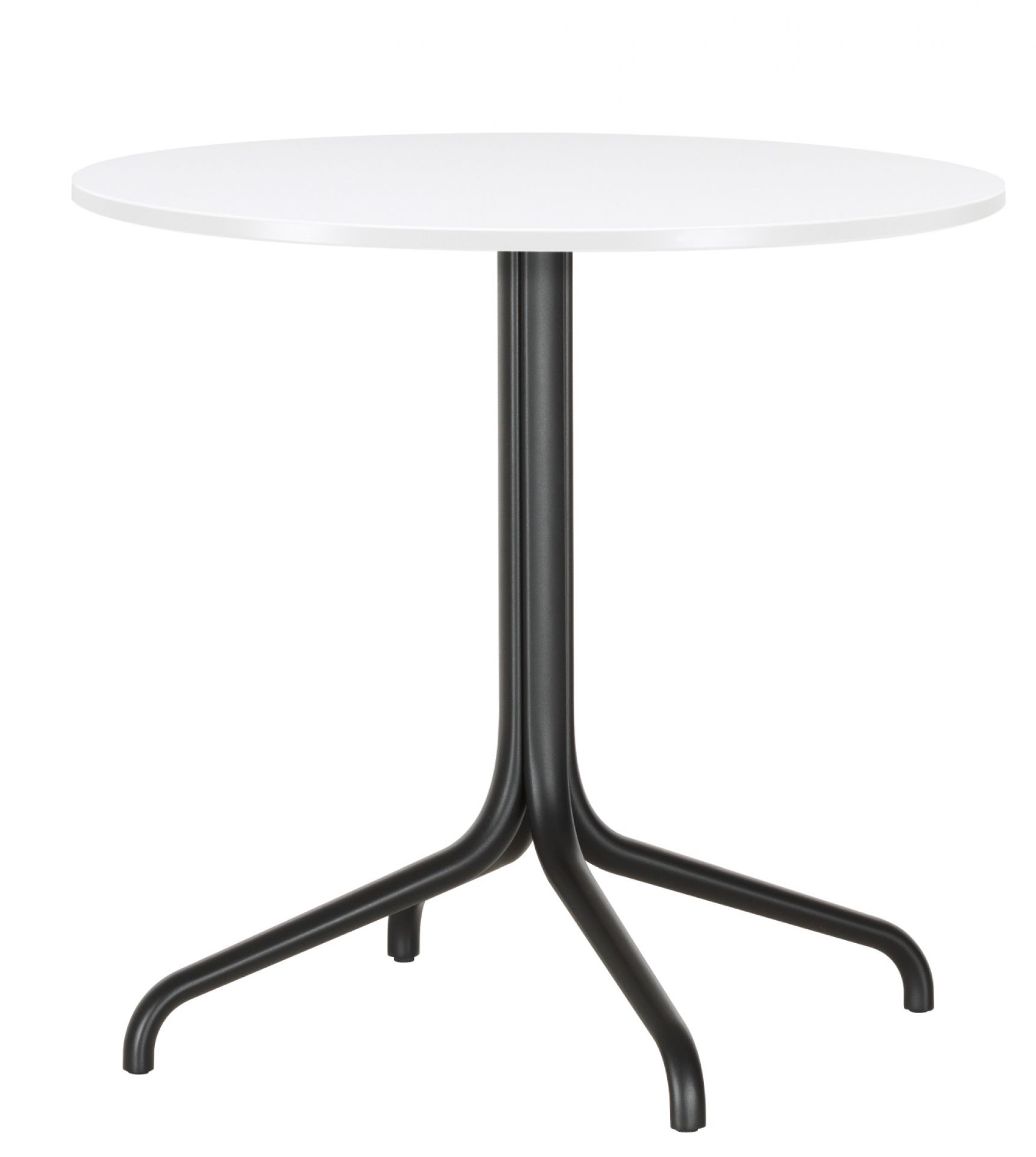 Vitra Bistro Table: Runder Outdoor Tisch mit weißer Tischplatte und schwarzem Fuß.