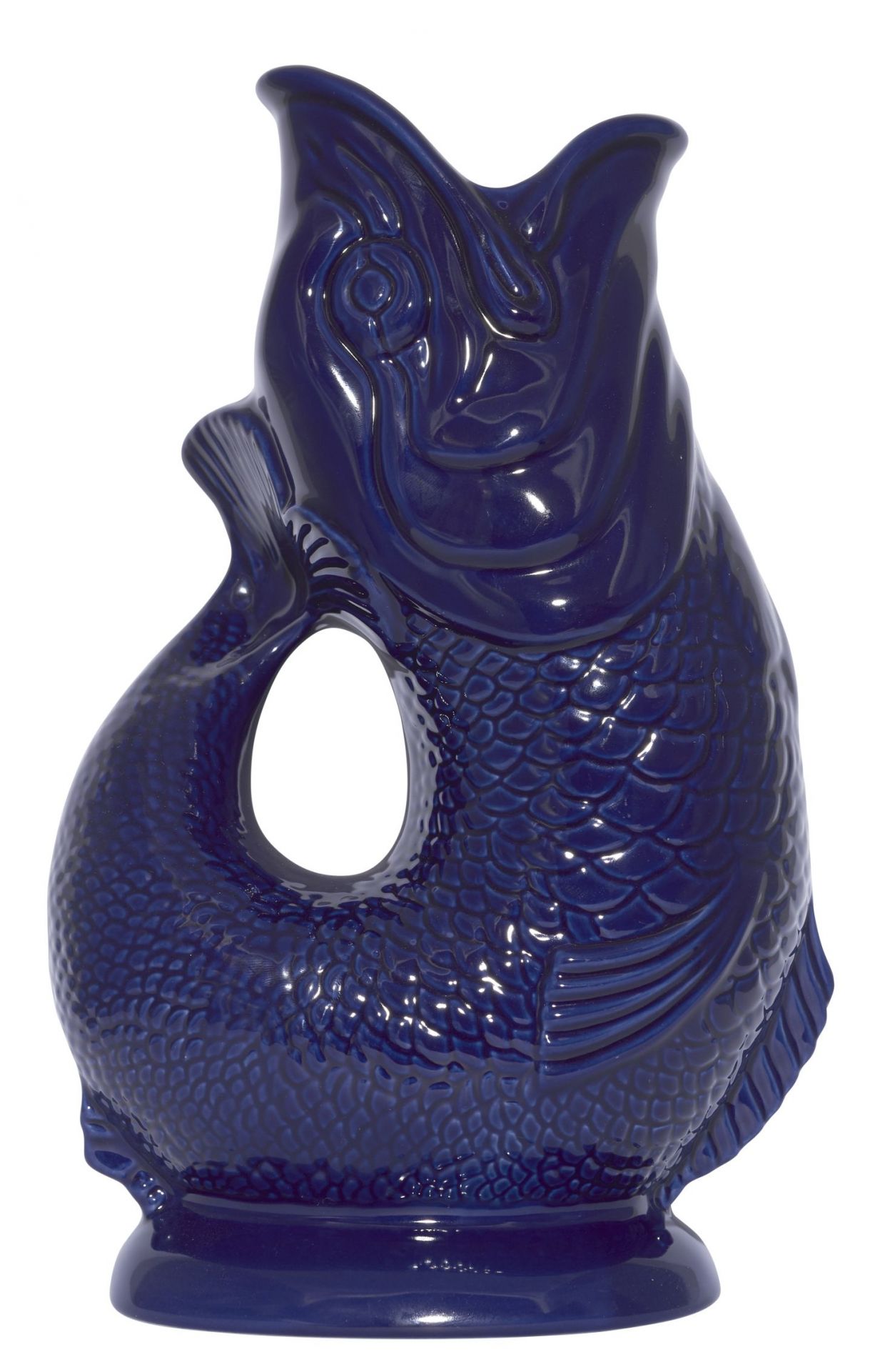 Dunkelblaue Gluckigluck Fischkaraffe XL aus Keramik, ideal als Vase oder Wasserkrug.