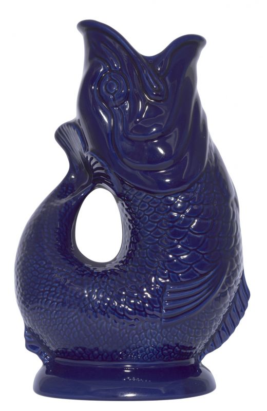 Dunkelblaue Gluckigluck Fischkaraffe XL aus Keramik, ideal als Vase oder Wasserkrug.