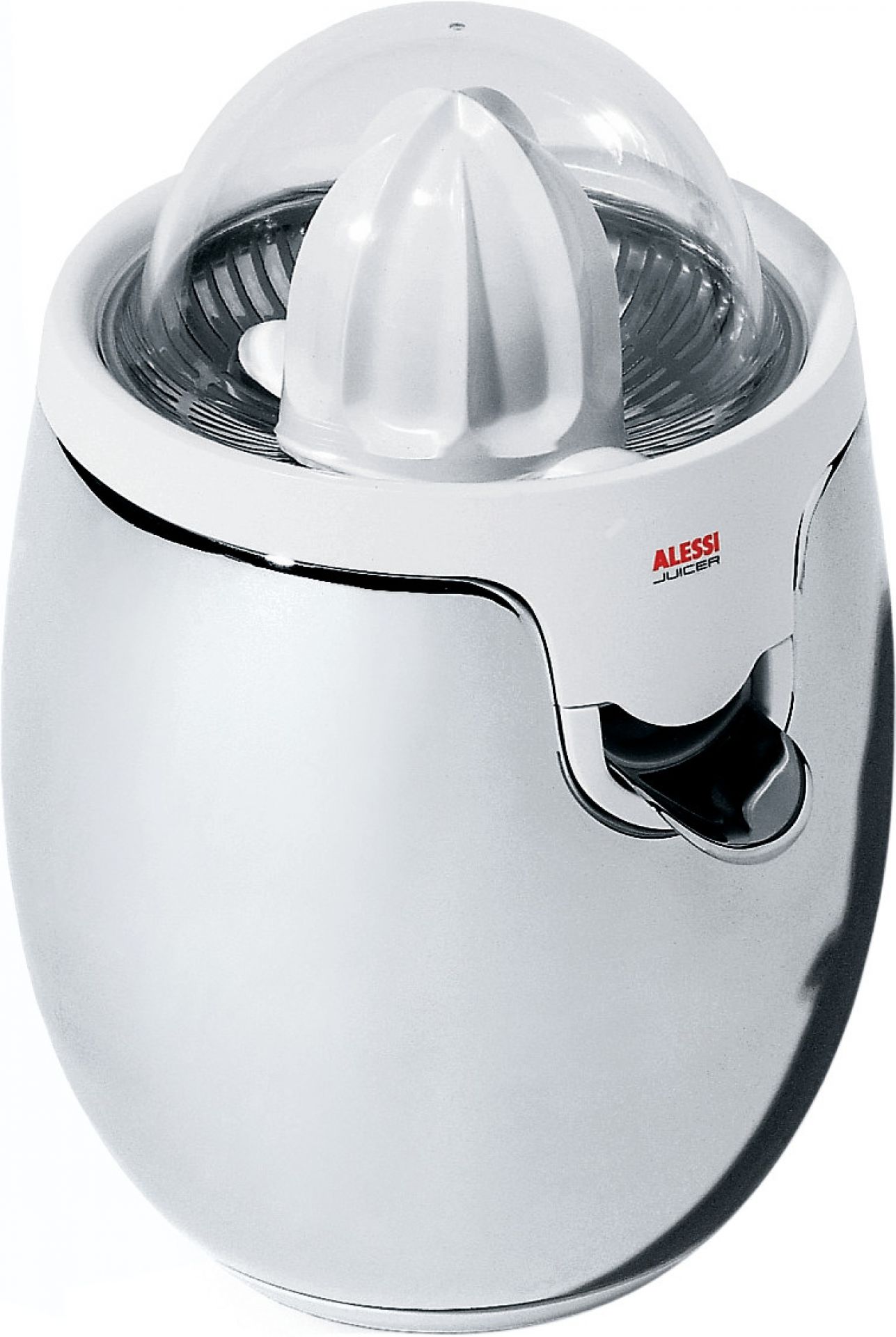 Alessi Zitronenpresse SG63 W, elektrische Saftpresse aus Edelstahl mit transparentem Deckel und Ausgießer.