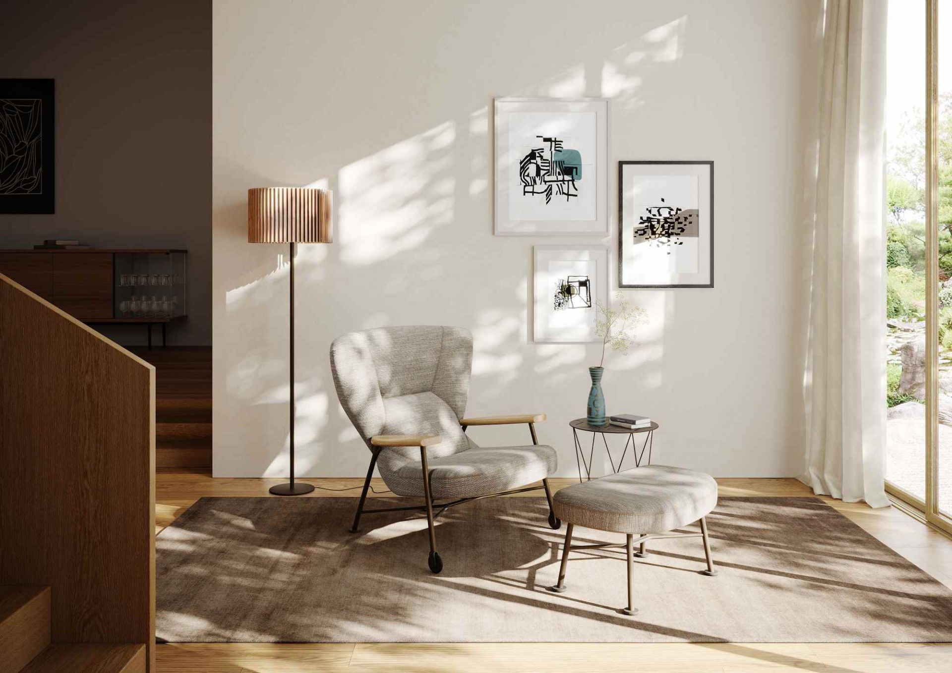 Heller Wohnraum mit Sessel und 264-H1 Shinzo Hocker von Walter Knoll im modernen Design.
