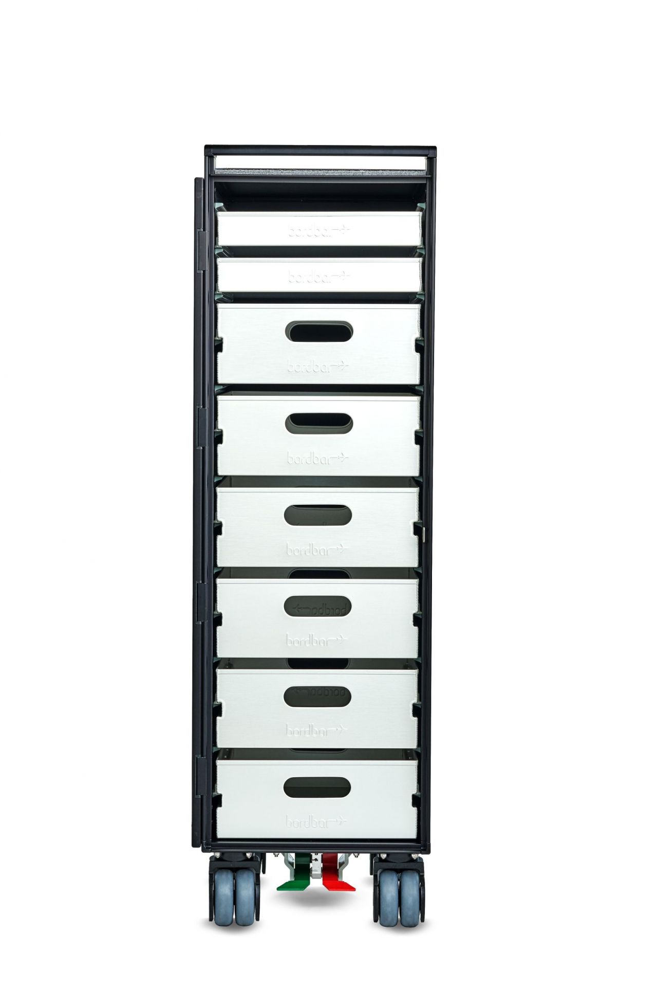 Storage Equipment Set: Bordbar mit Schubladen, Rollen und rot-grüner Bremse für Flugzeug-Trolley Zubehör.