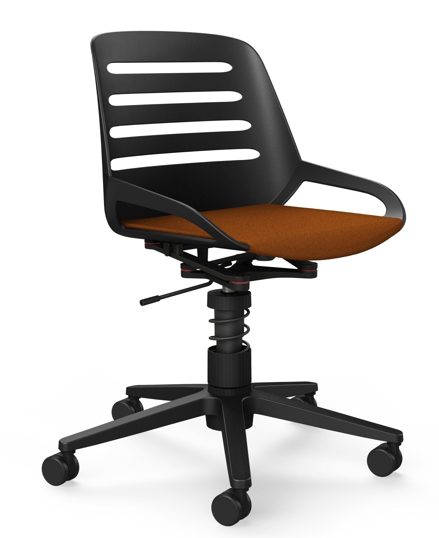 Numo Bürodrehstuhl von Aeris, schwarzes Gestell, orangefarbener Sitz, ergonomisch und modern für Büro und Homeoffice.