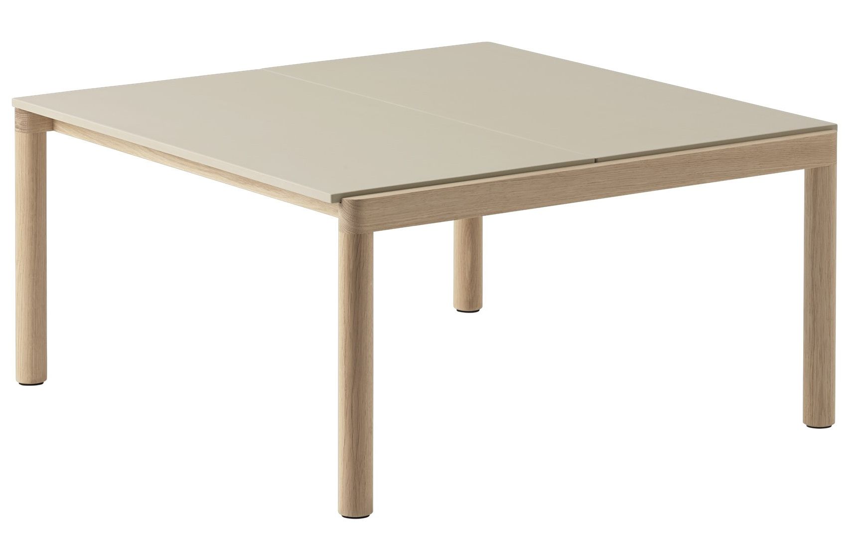 Muuto Couple Coffee Table: Quadratischer Couchtisch mit hellgrauer Tischplatte und hellem Holzgestell, modernes Design.