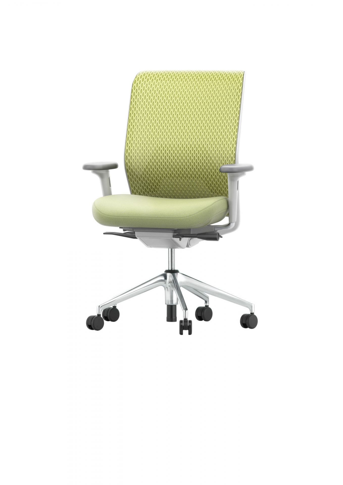 Vitra ID Chair Bürostuhl mit Mesh-Rückenlehne und Lumbalstütze, ergonomischer Drehstuhl in Grün.