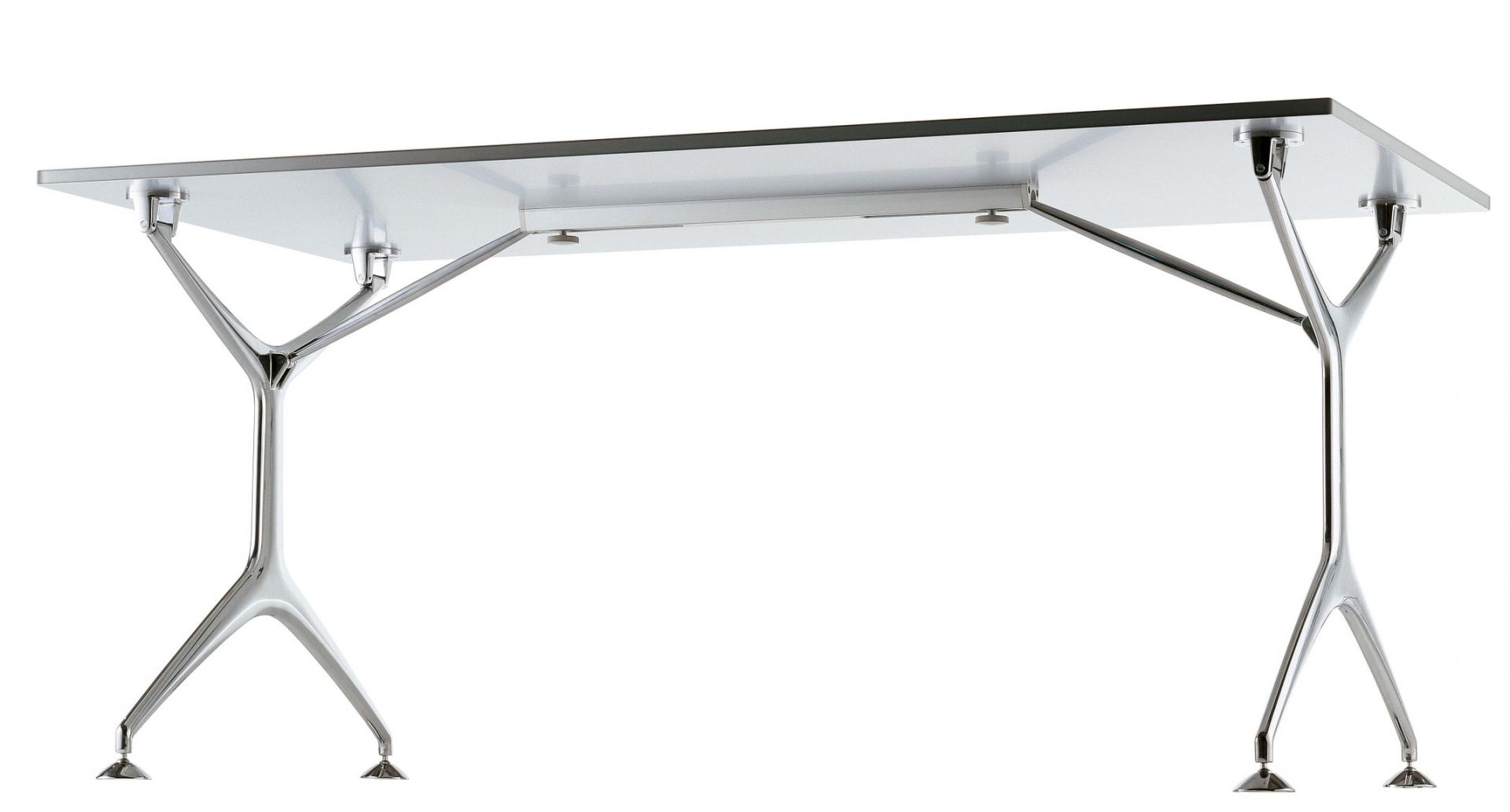 Frametable Tisch Alias: Moderner Esstisch mit weißer Tischplatte und verchromtem Metallgestell.