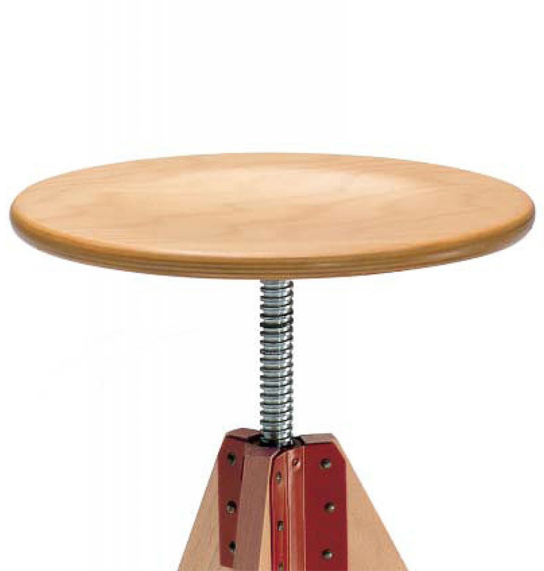 Giotto Hocker: Höhenverstellbarer Design Hocker mit runder Sitzfläche aus Holz und Stahlfeder.