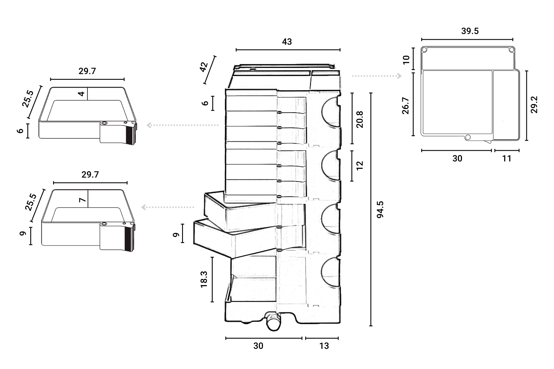 Maßzeichnung Boby B48 Rollcontainer Honey B-Line: Abmessungen, Schubladen, Stauraum, Design Rollcontainer.