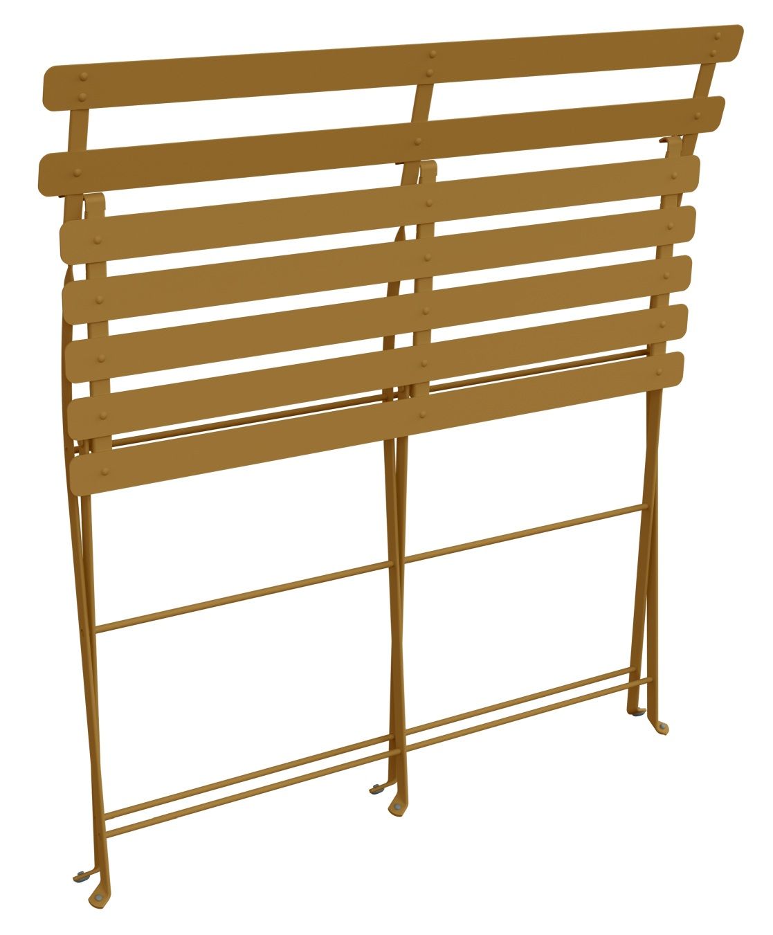 Bistro Klappbank für den Außenbereich von Fermob, goldfarben, zusammengeklappt, ideal für kleine Balkone.