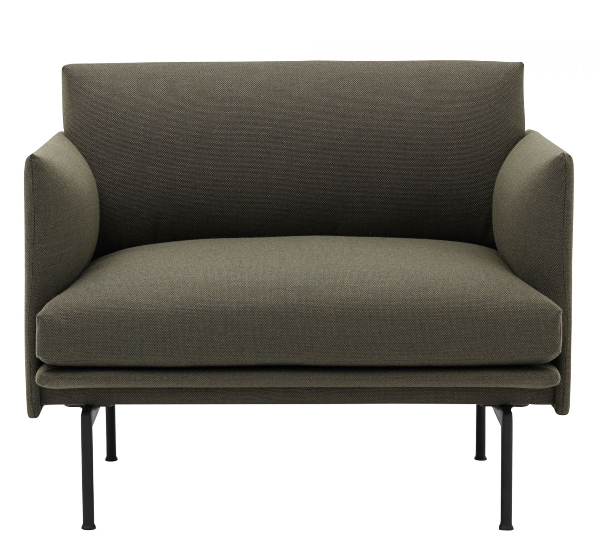 Outline Chair Sessel von Muuto in olivgrünem Stoff mit schwarzen Metallbeinen, Frontansicht.