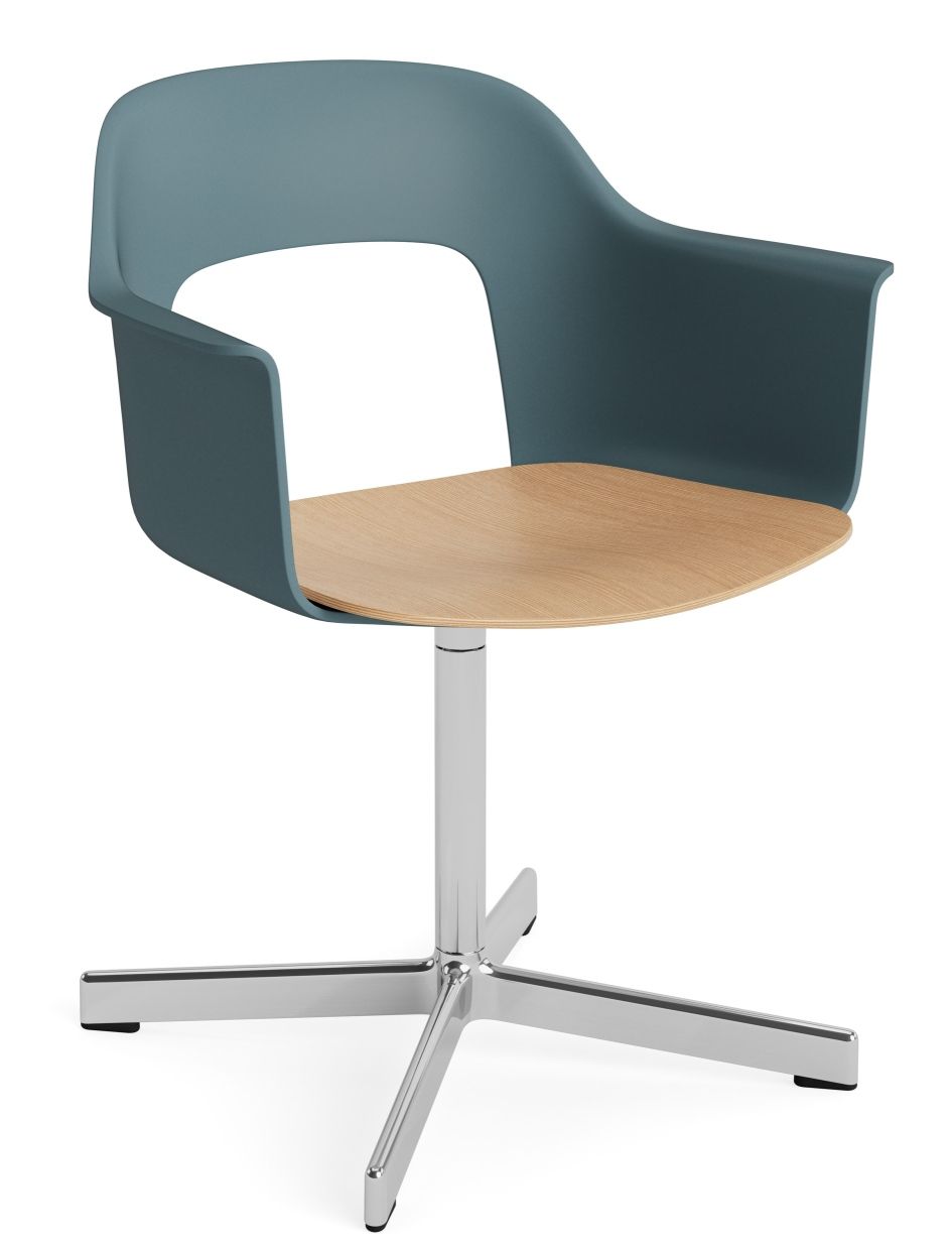 Layout Armchair 232 von Hay: Moderner Armlehnstuhl in Petrol mit Holz-Sitzfläche und verchromtem Fußkreuz.