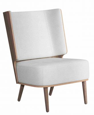 Serena Lounge Chair Sessel mit dunkel gebeiztem Eichenholzrahmen und hellgrauem Stoffbezug.