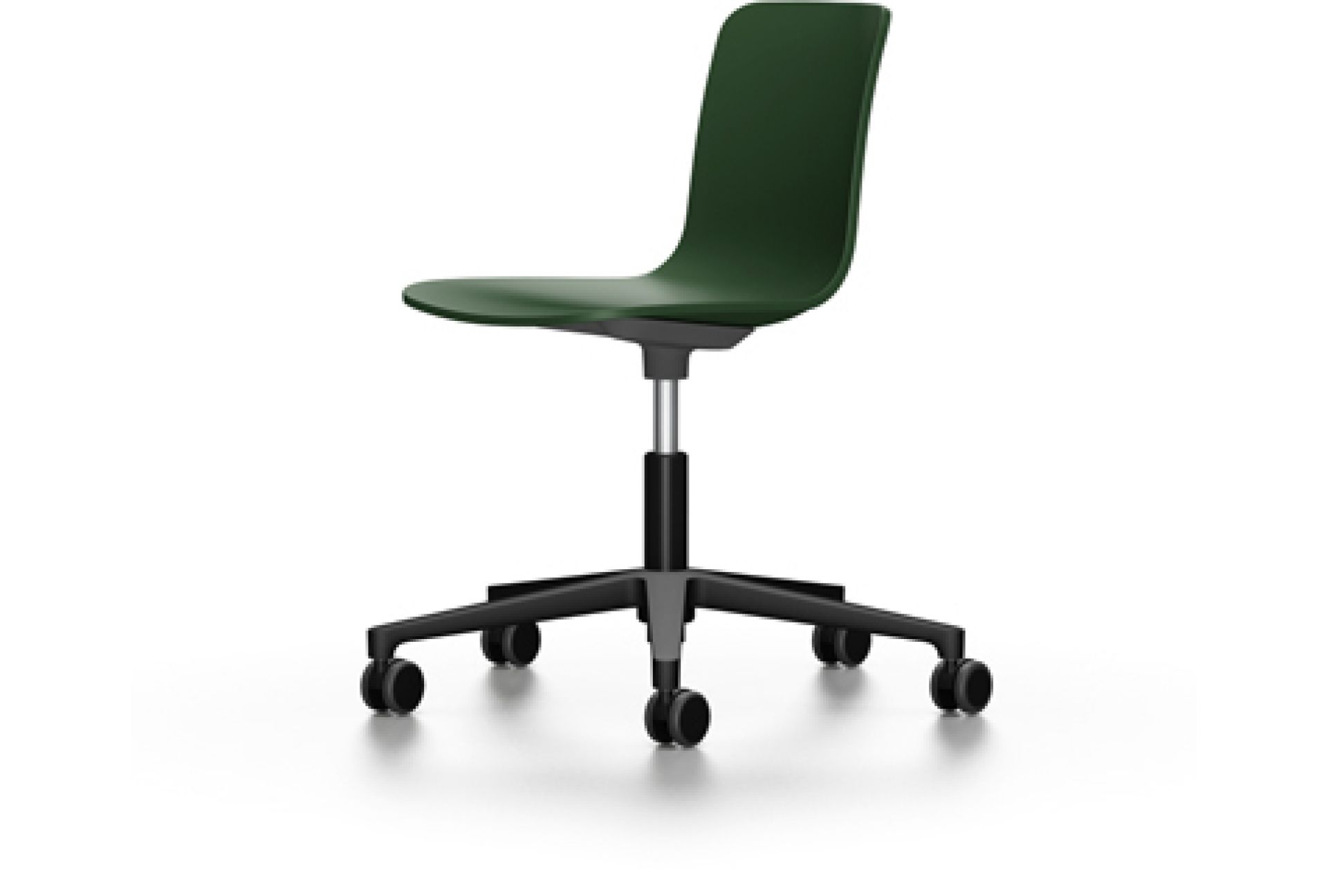 Hal RE Studio Drehstuhl von Vitra in Dunkelgrün, Bürostuhl mit Rollen vor weißem Hintergrund.